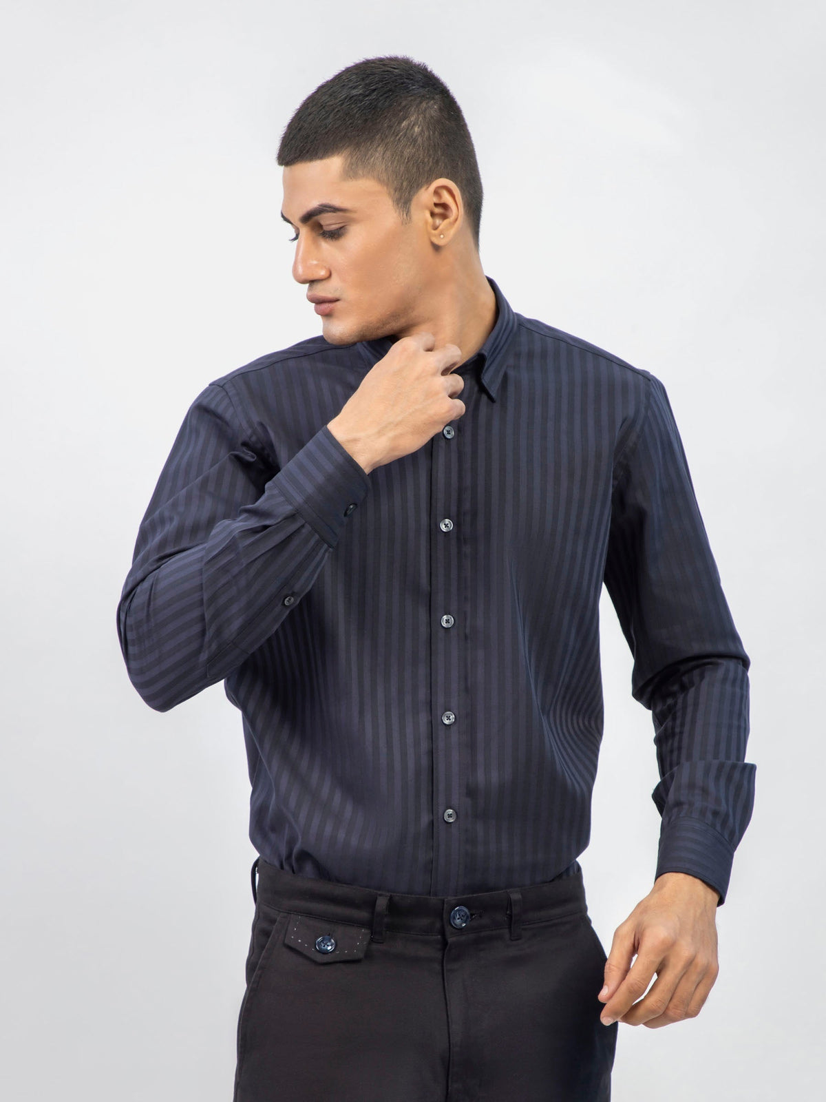 Dark Navy Striped Formal Shirt With Inside Button Down Collar