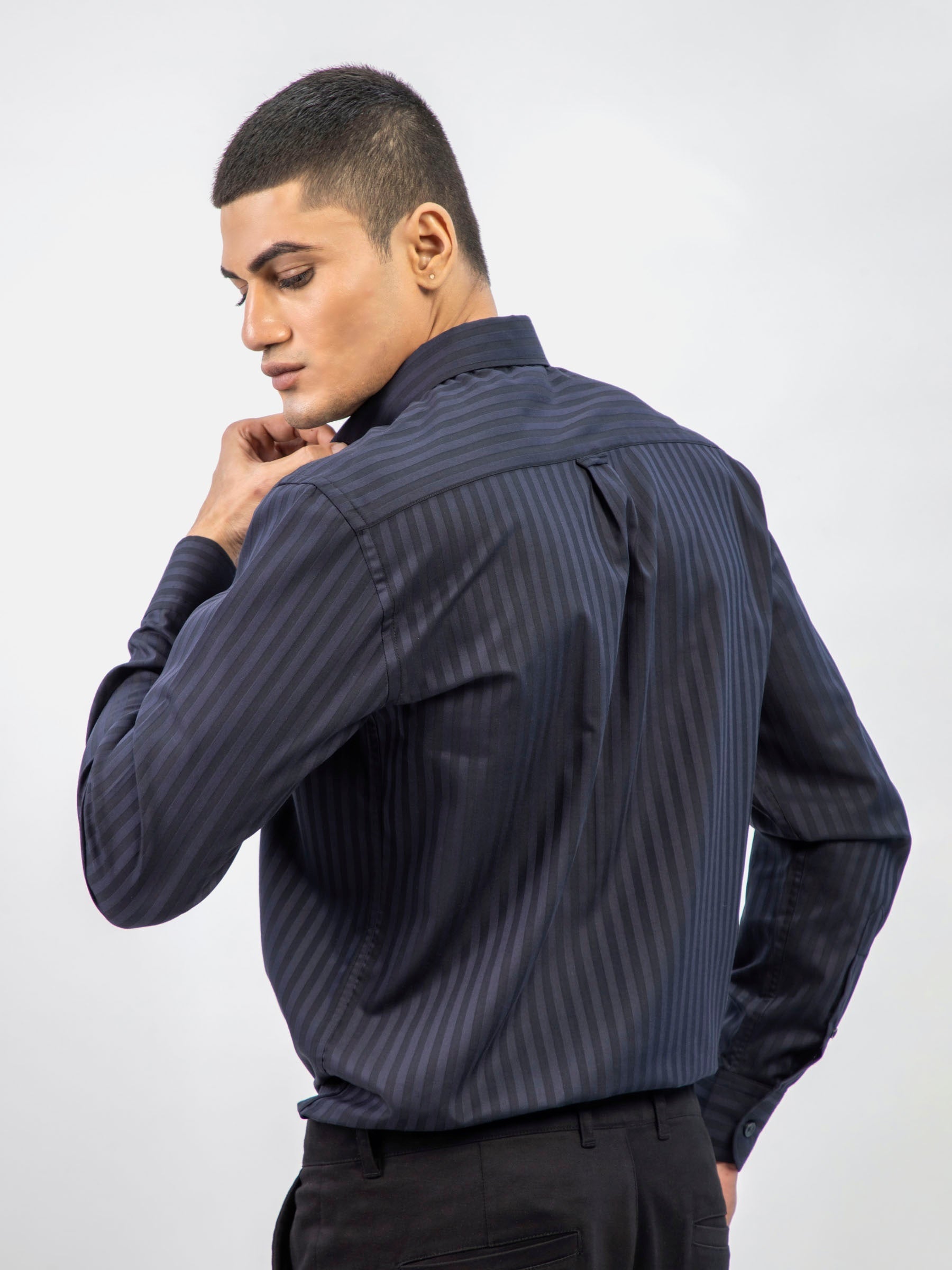 Dark Navy Striped Formal Shirt With Inside Button Down Collar