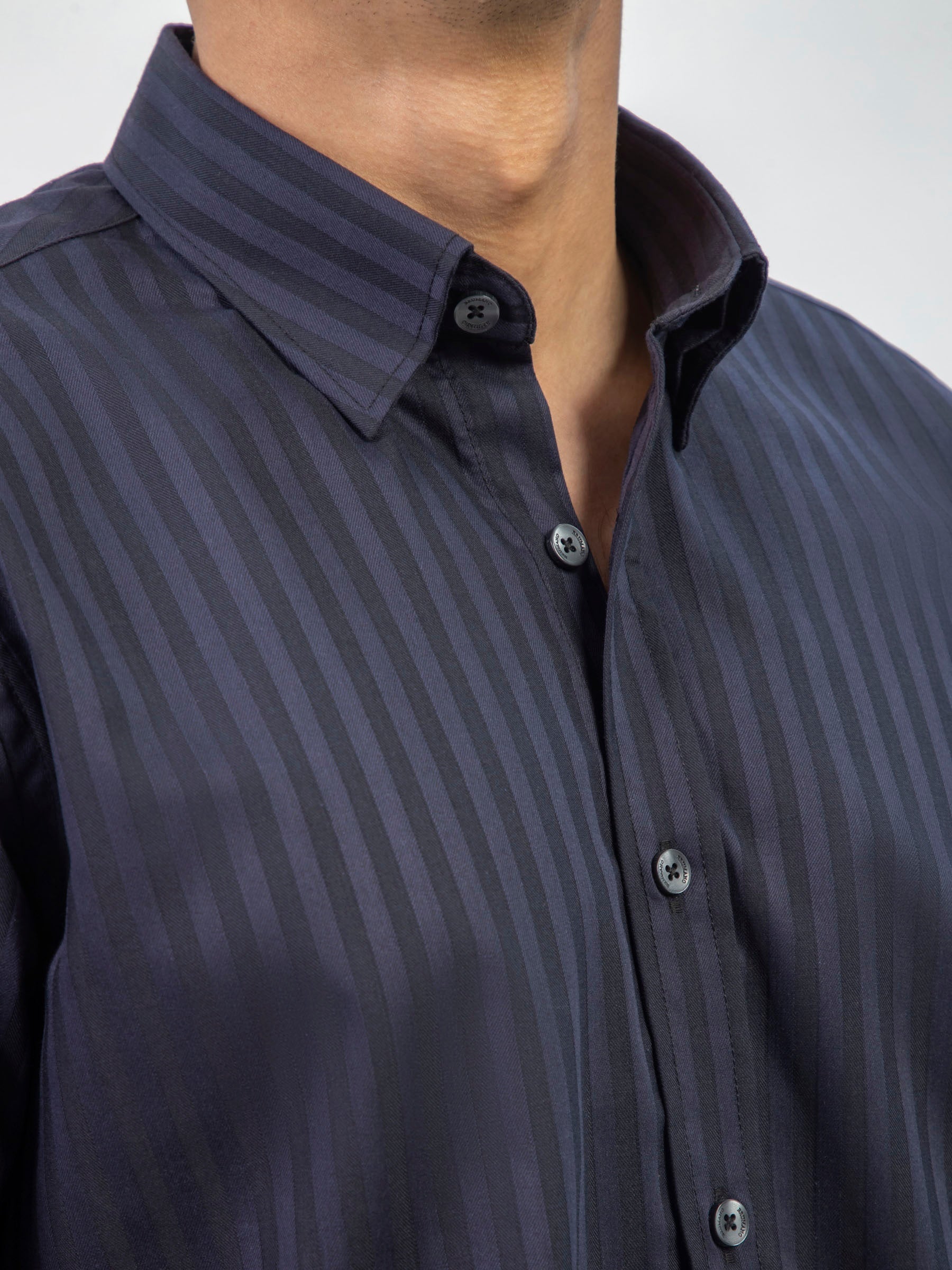 Dark Navy Striped Formal Shirt With Inside Button Down Collar