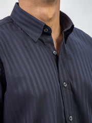 Dark Navy Striped Formal Shirt With Inside Button Down Collar