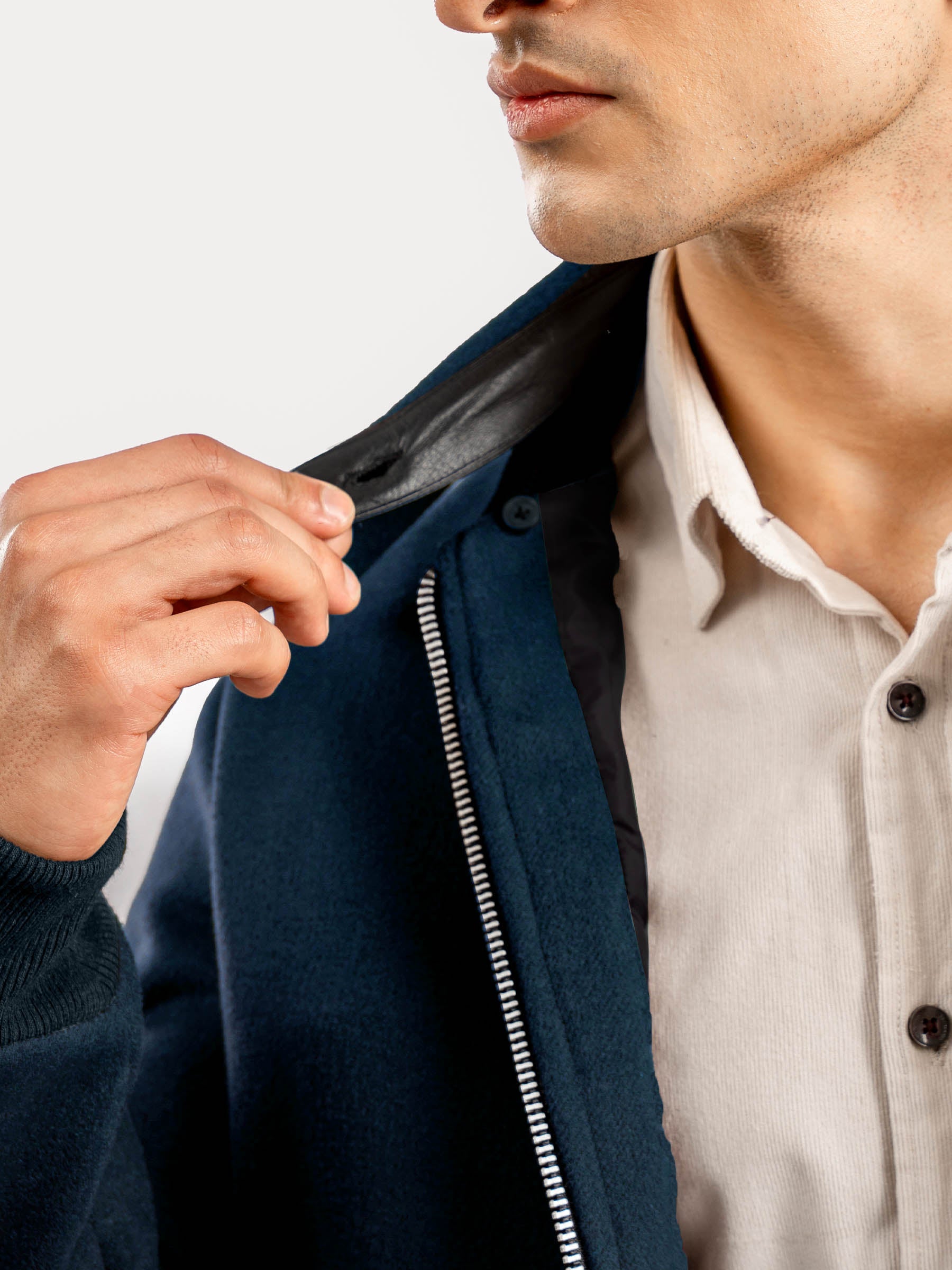 Dark Teal Blue Wool Blended Jacket With Detachable Collar