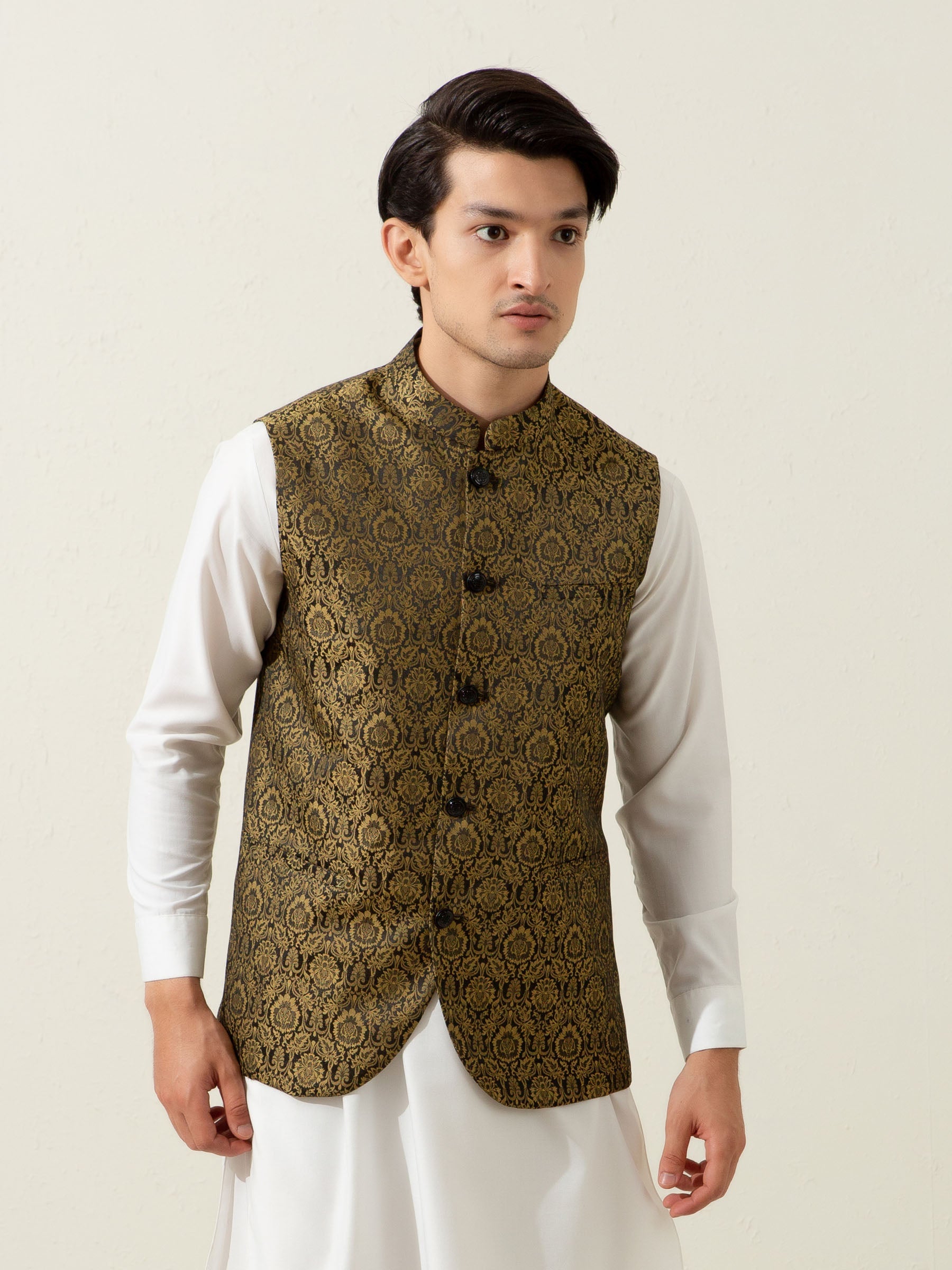 Golden & Black Floral Patterned Waistcoat