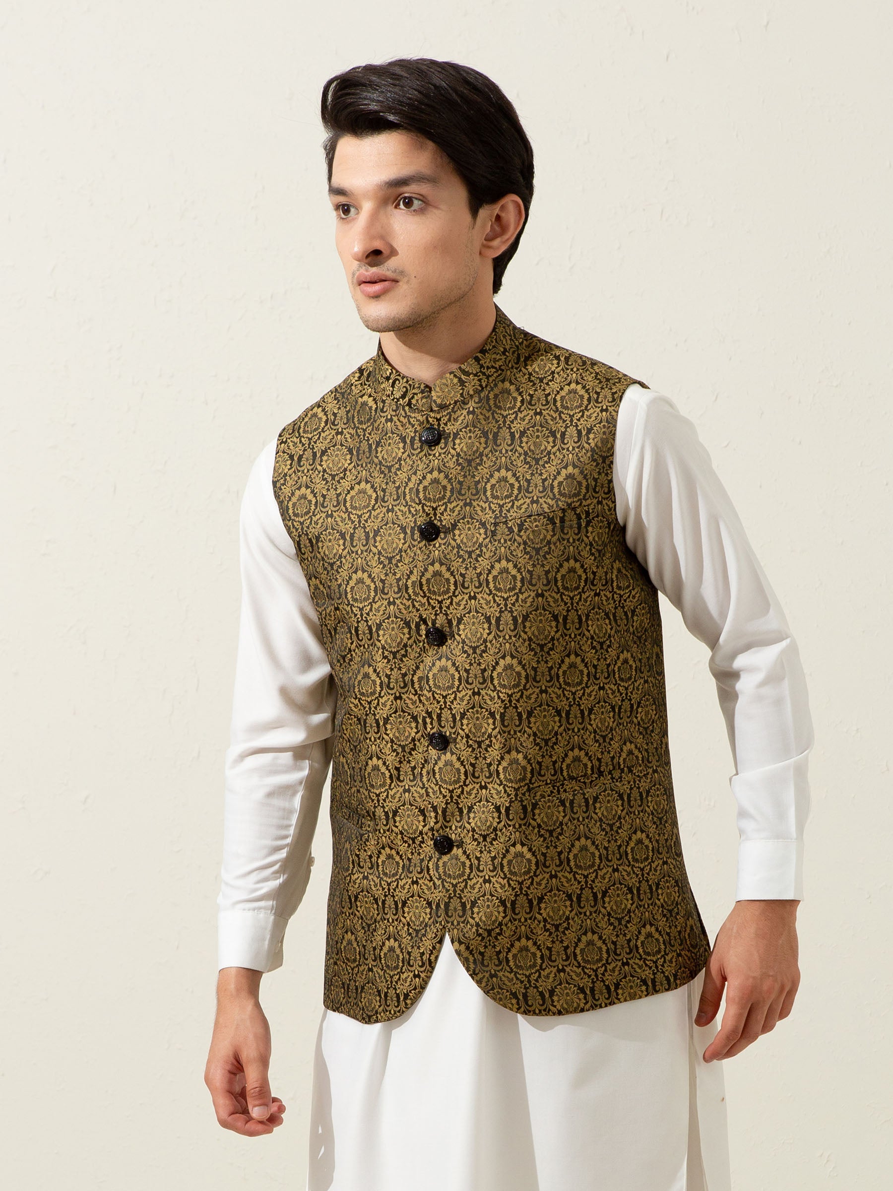 Golden & Black Floral Patterned Waistcoat