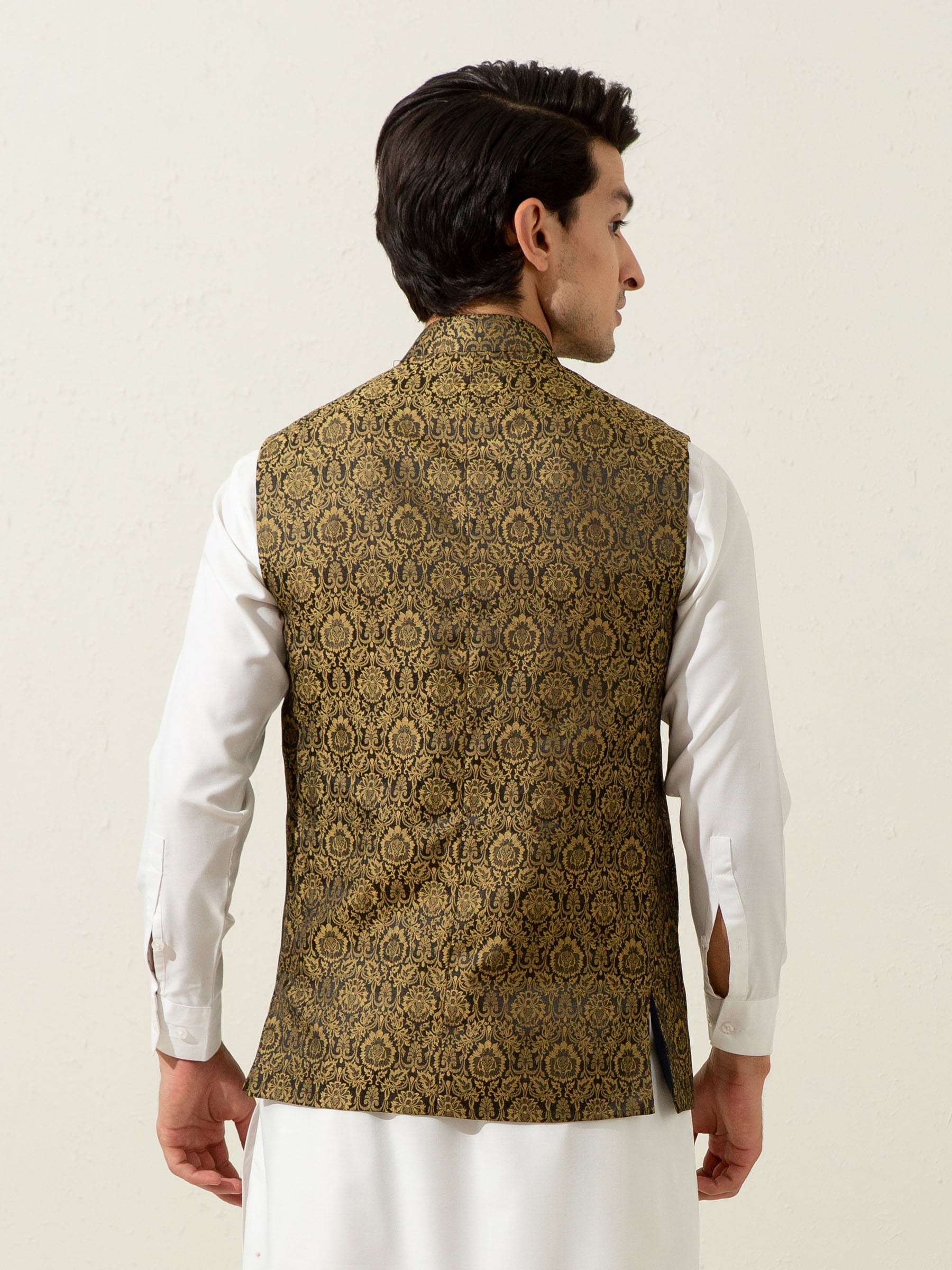Golden & Black Floral Patterned Waistcoat