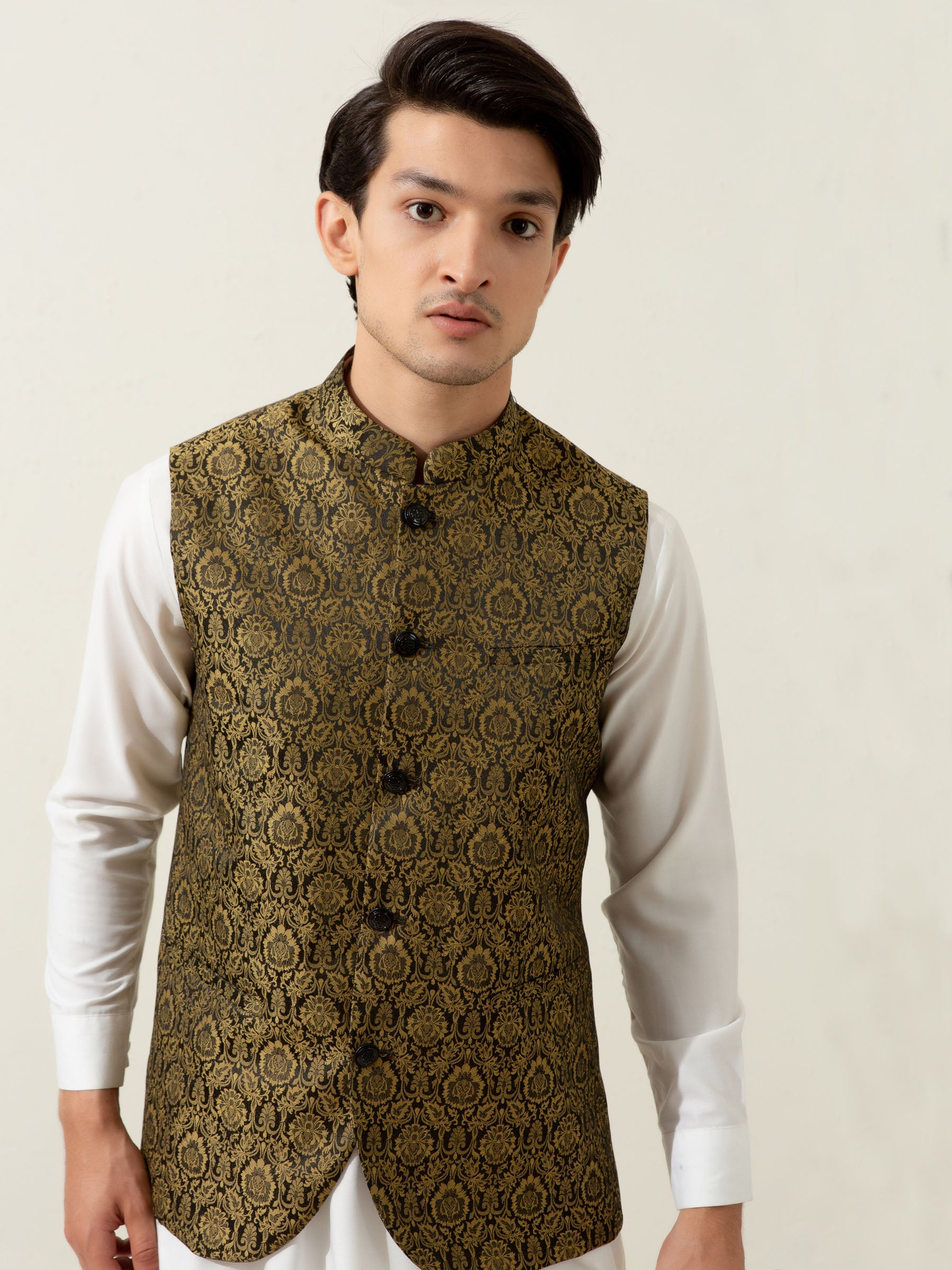 Golden & Black Floral Patterned Waistcoat