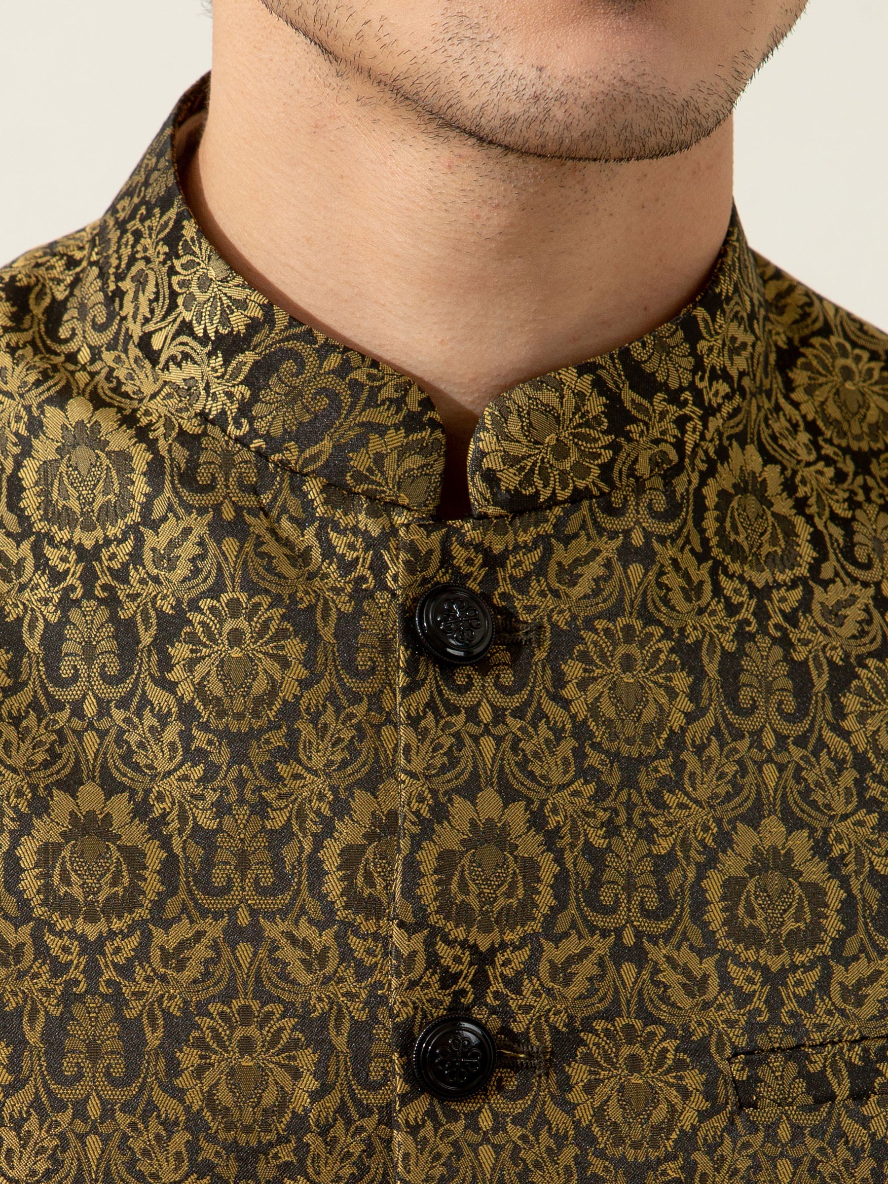 Golden & Black Floral Patterned Waistcoat