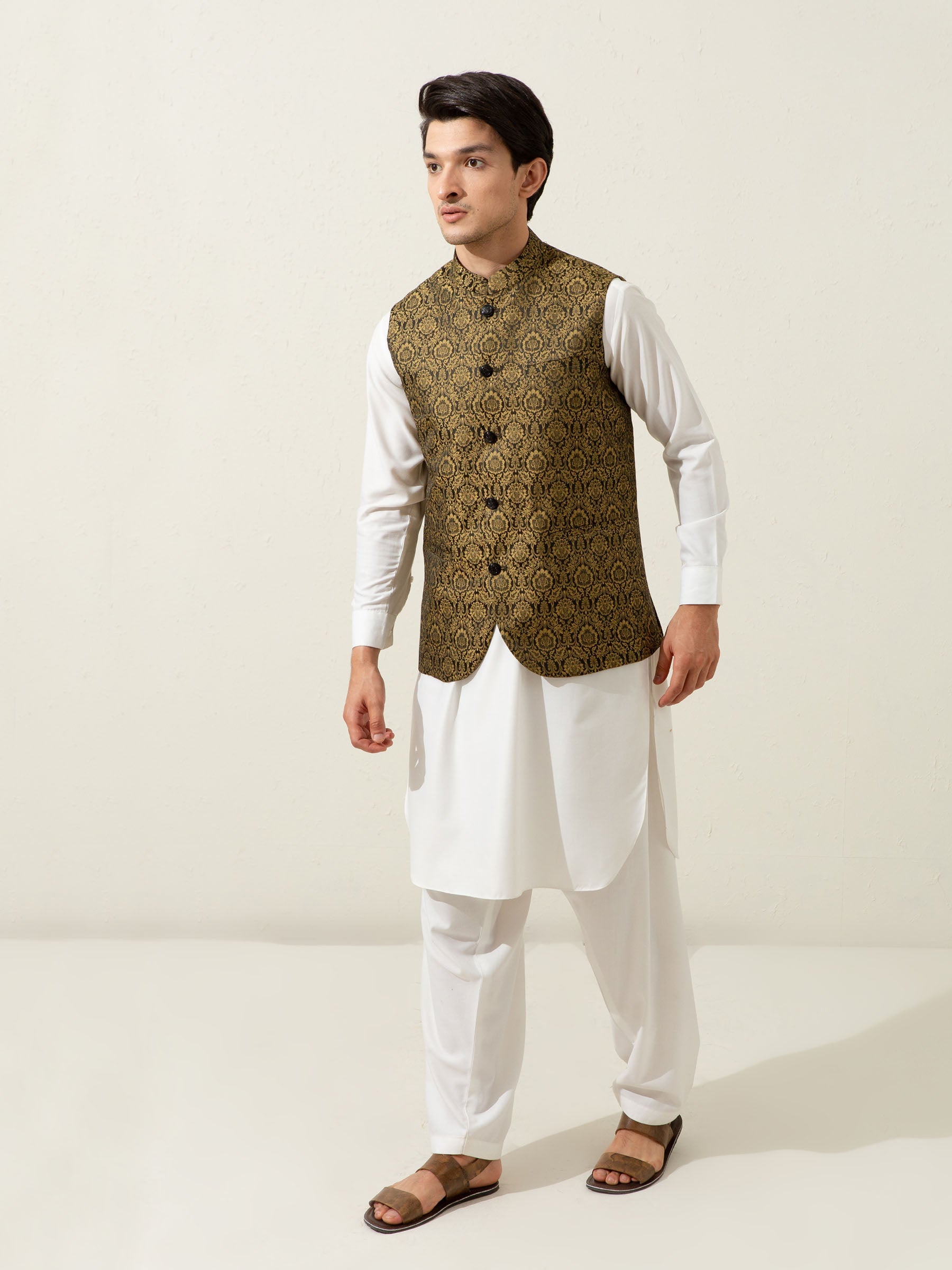 Golden & Black Floral Patterned Waistcoat