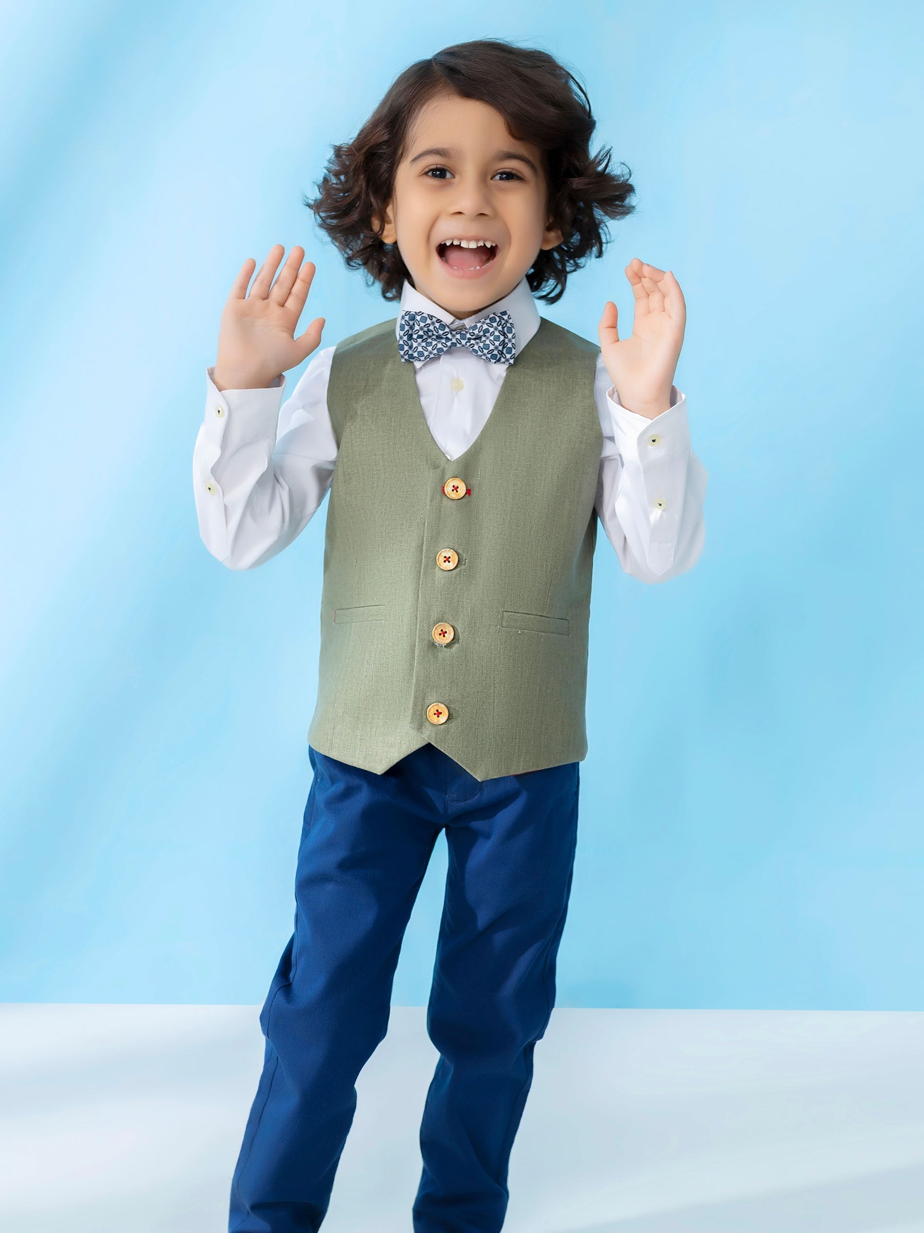 Green Linen Textured Suit Vest With Bow