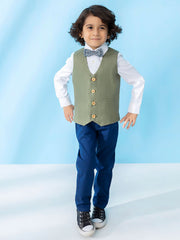 Green Linen Textured Suit Vest With Bow