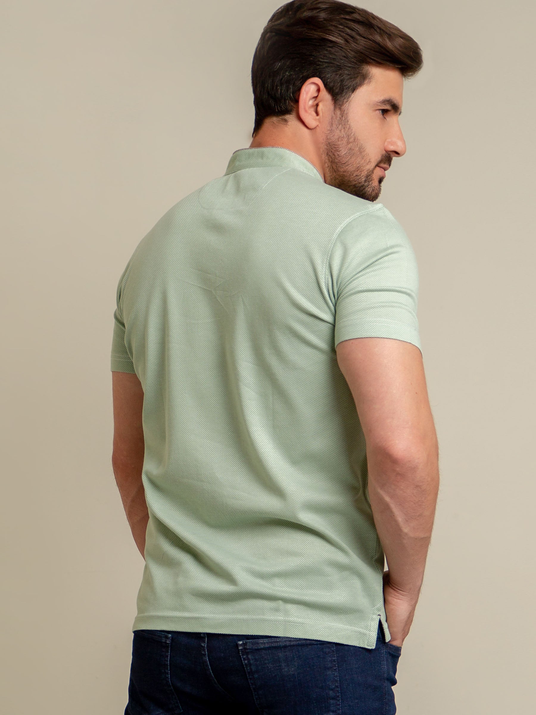 Green Mao Collar Dobby Polo Shirt