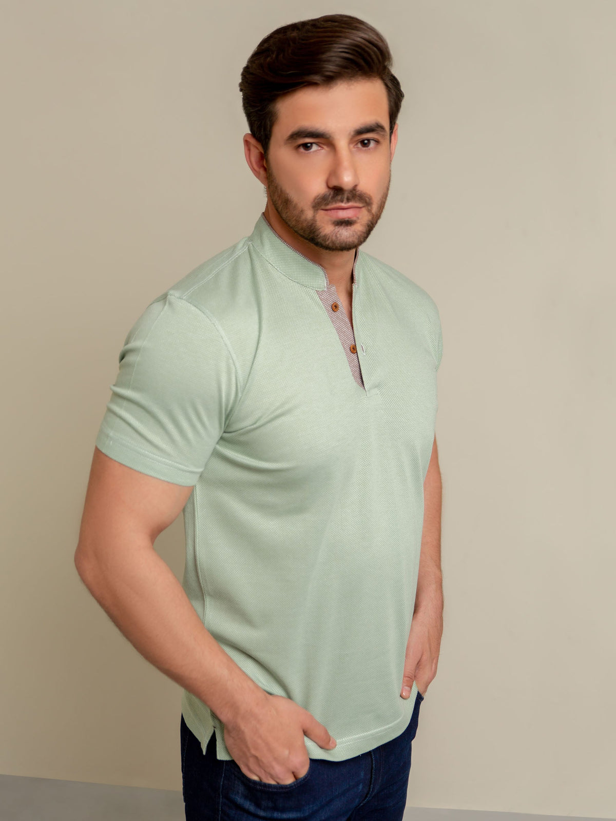 Green Mao Collar Dobby Polo Shirt