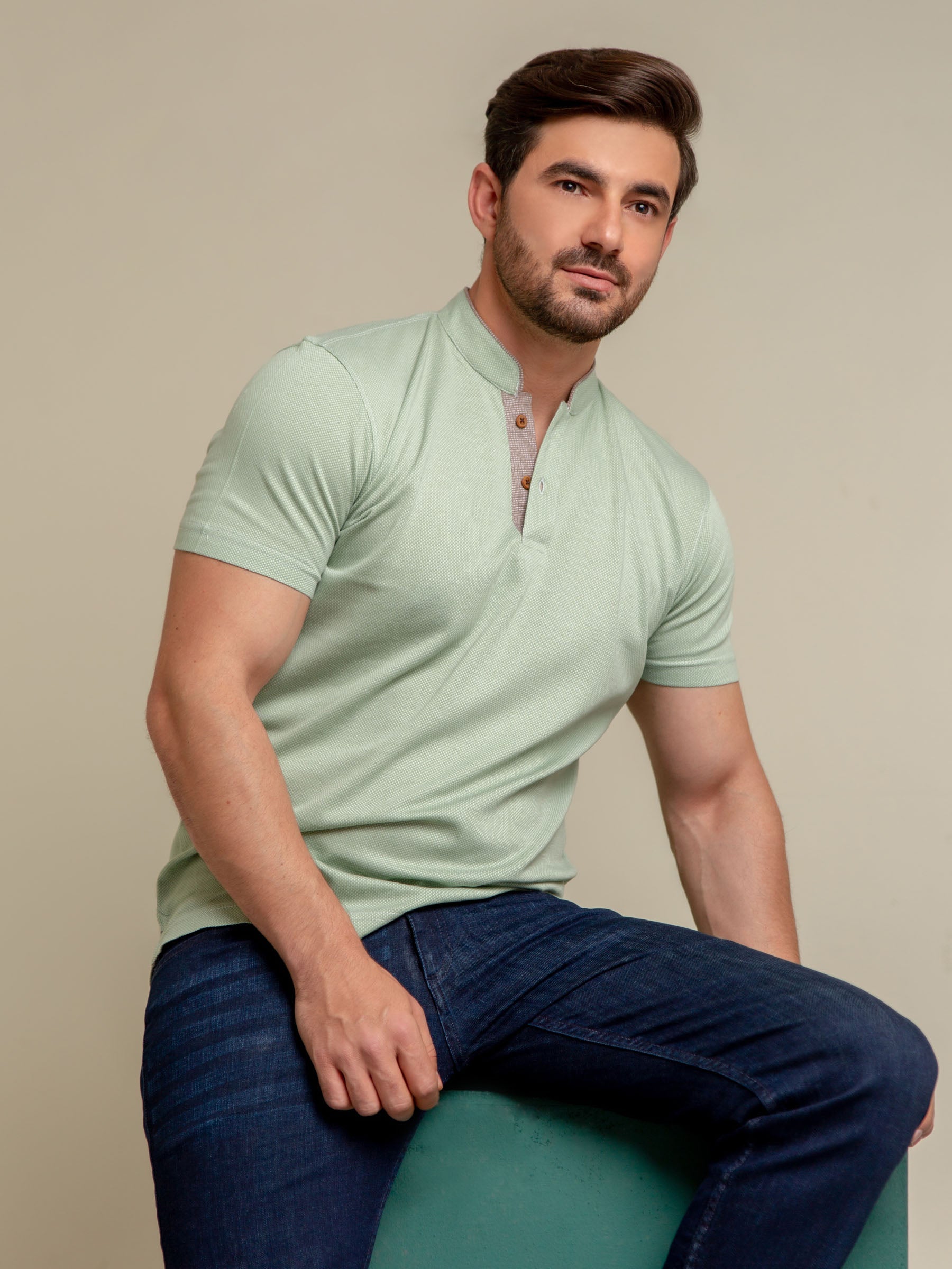 Green Mao Collar Dobby Polo Shirt