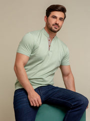 Green Mao Collar Dobby Polo Shirt