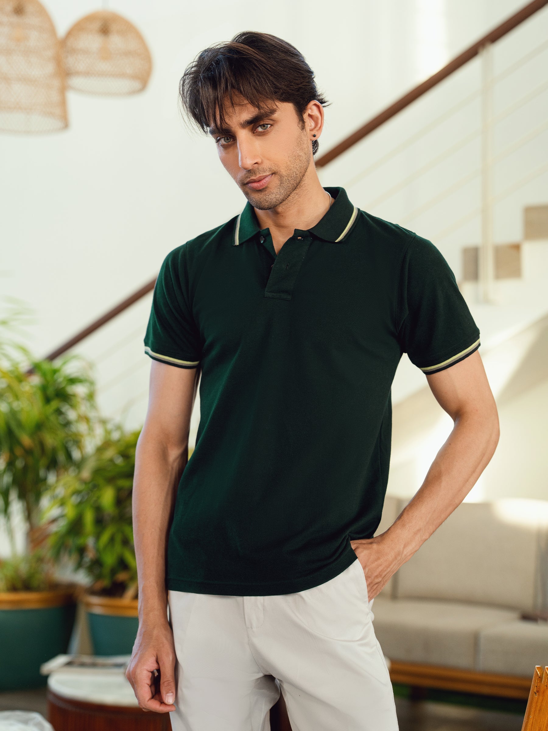Green Multicolor Tipped Collar Pique Polo