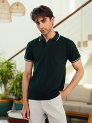 Green Multicolor Tipped Collar Pique Polo