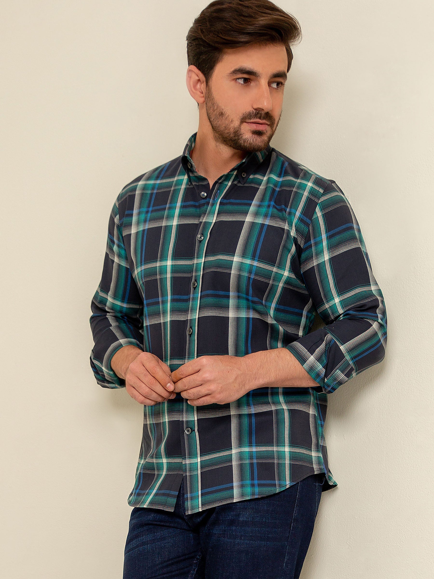 Green & Navy Blue Checkered Shirt