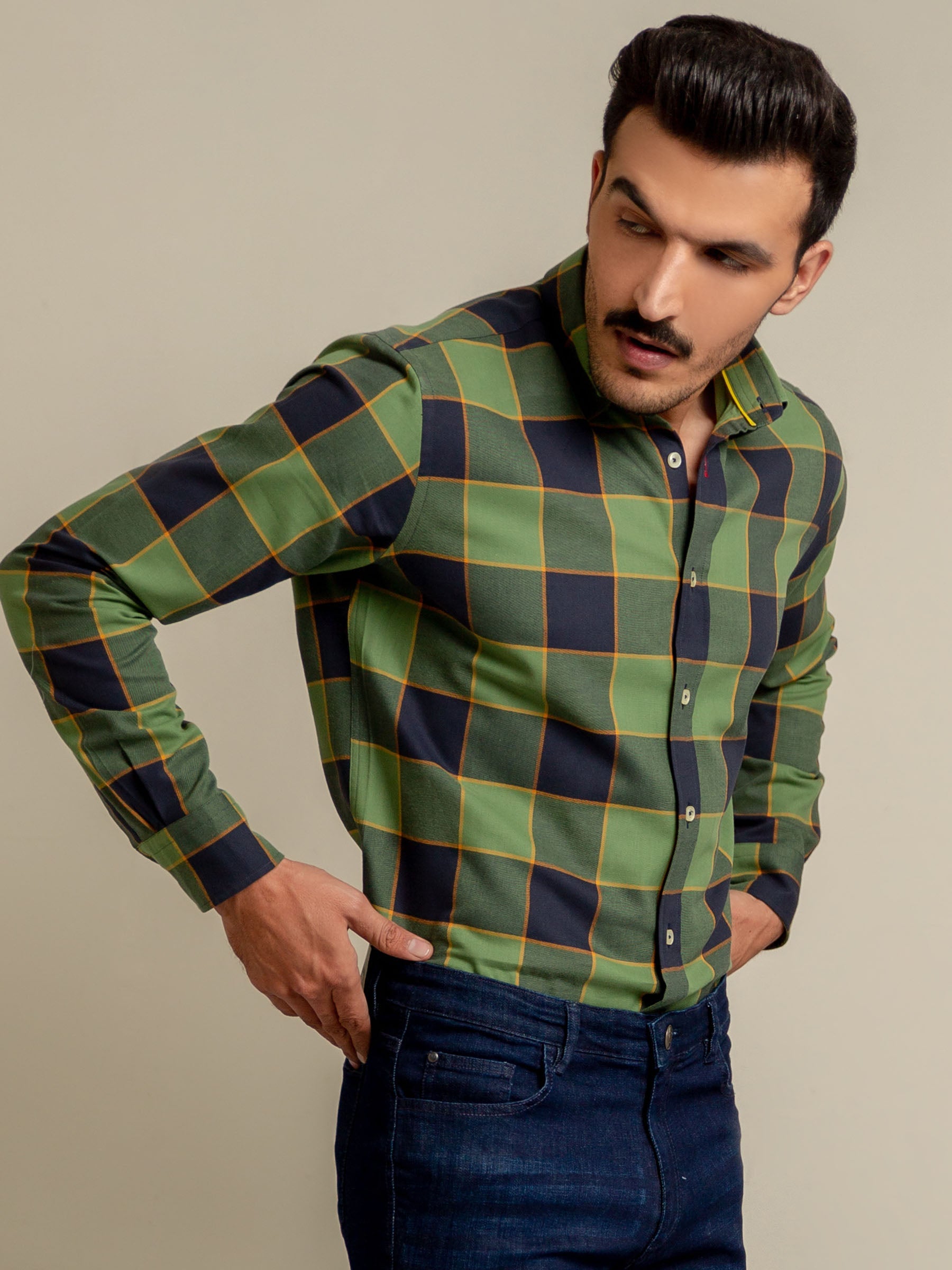 Green & Navy Checkered Flannel Shirt