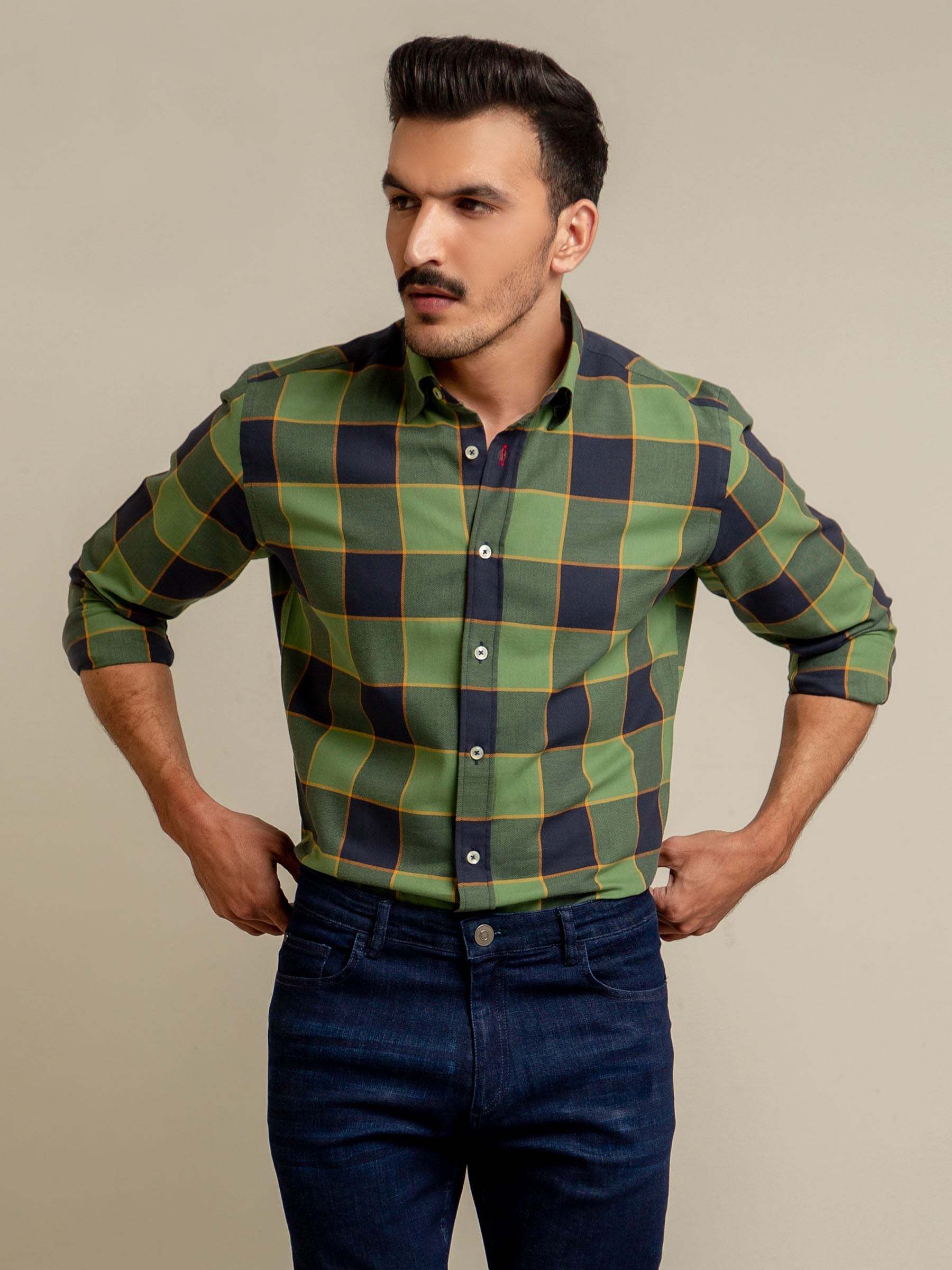 Green & Navy Checkered Flannel Shirt