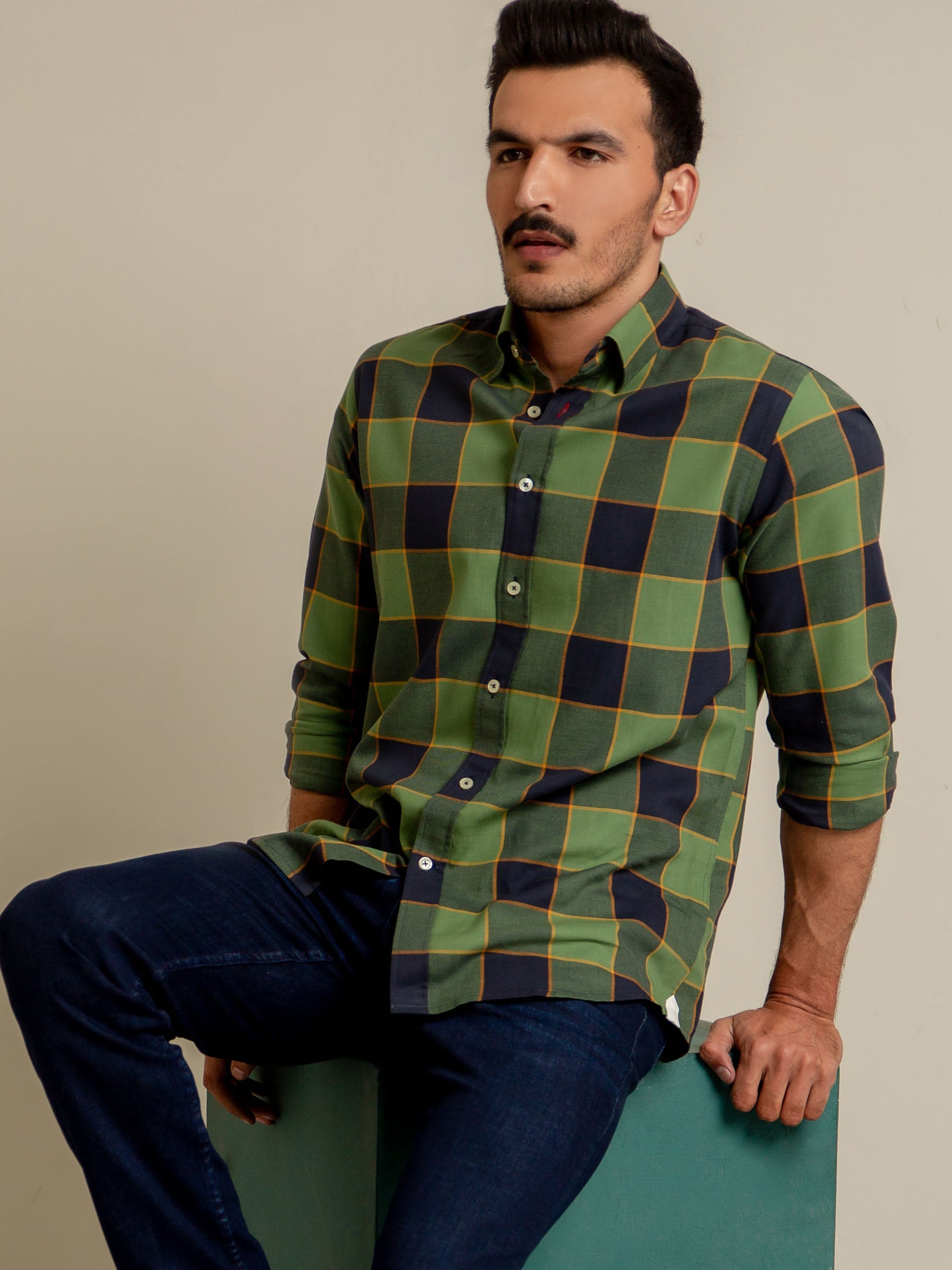 Green & Navy Checkered Flannel Shirt