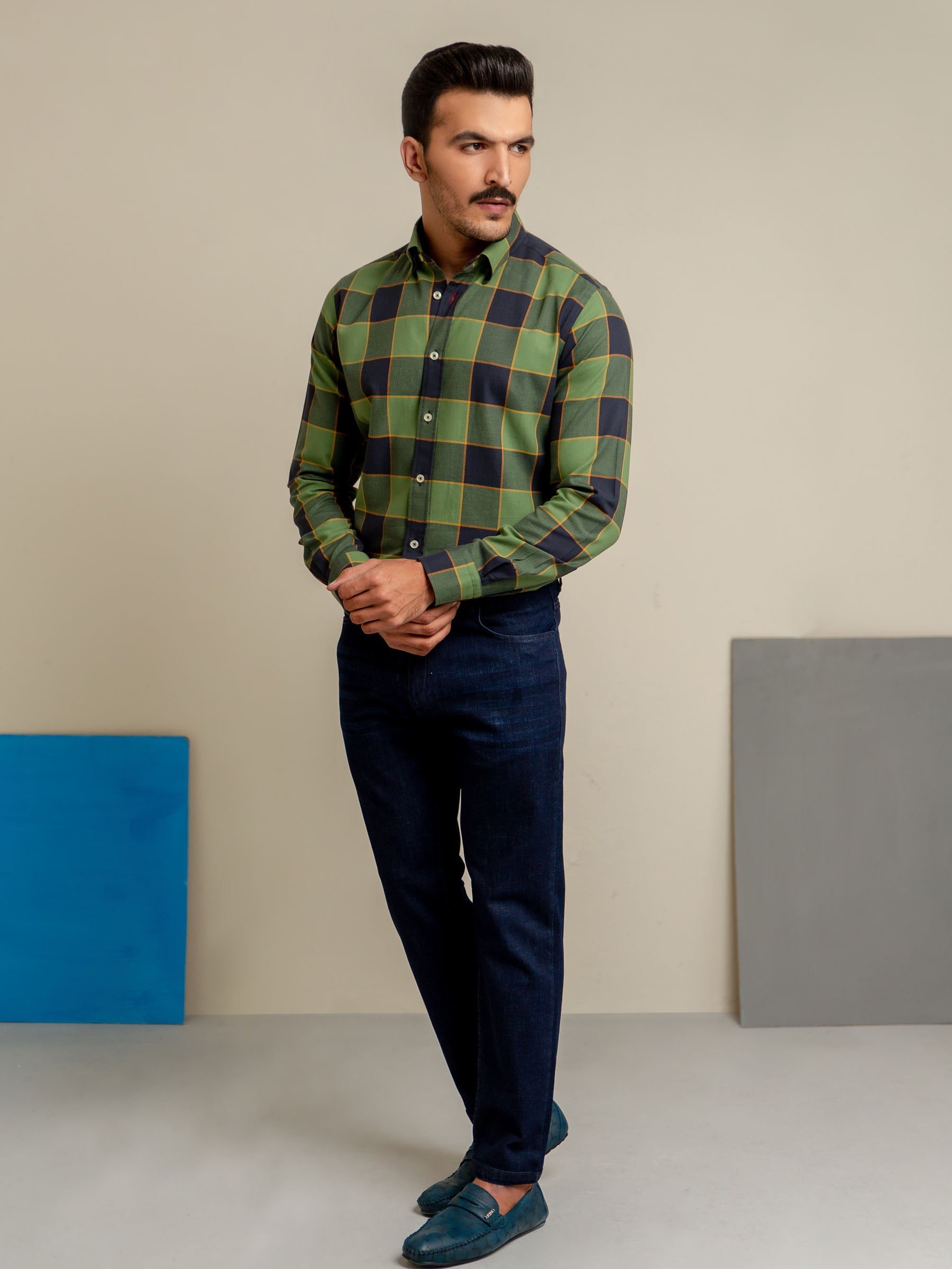 Green & Navy Checkered Flannel Shirt