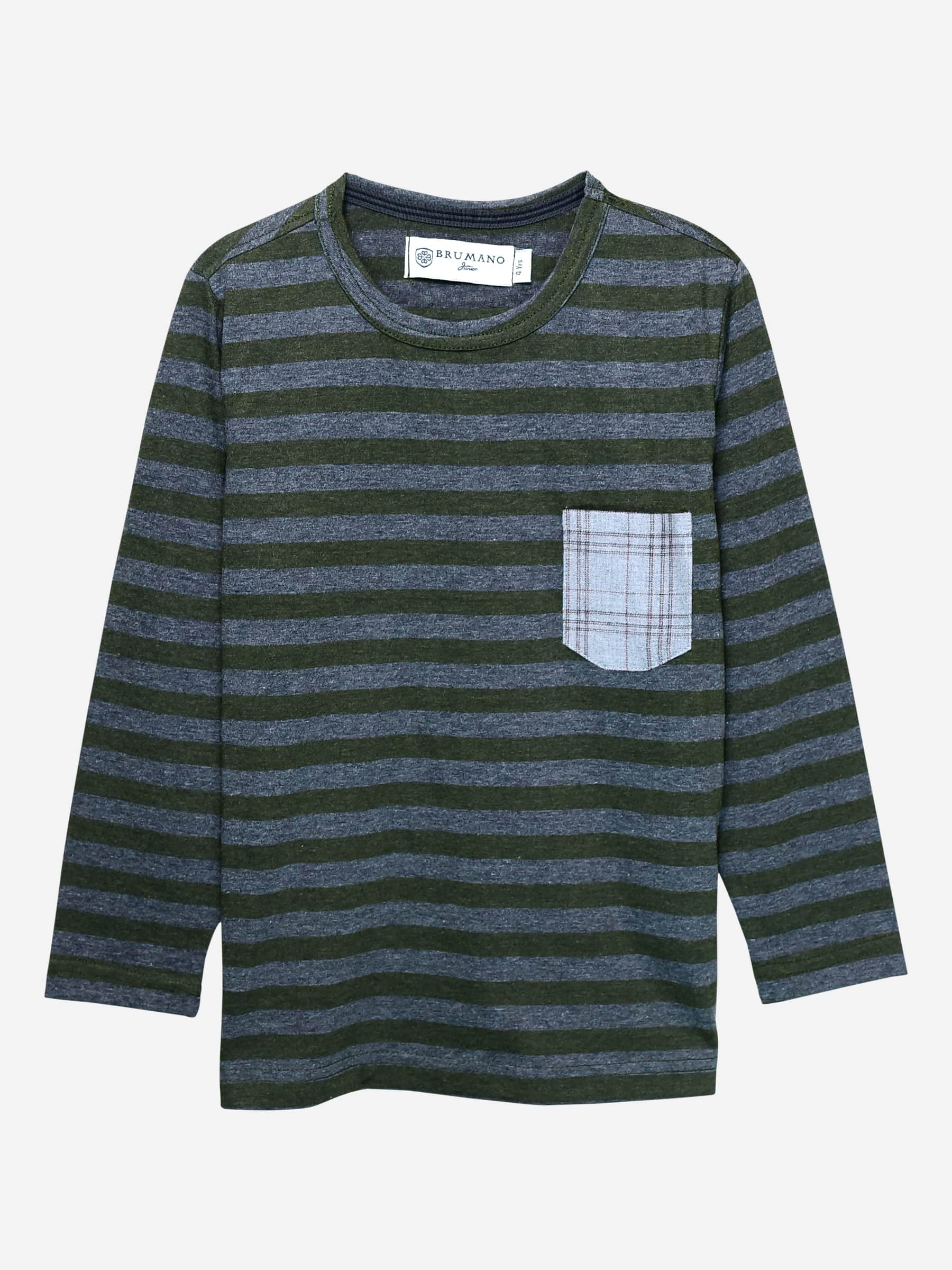 Green Striped Full Sleeve T-Shirt With Contrasting Pocket