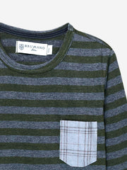 Green Striped Full Sleeve T-Shirt With Contrasting Pocket