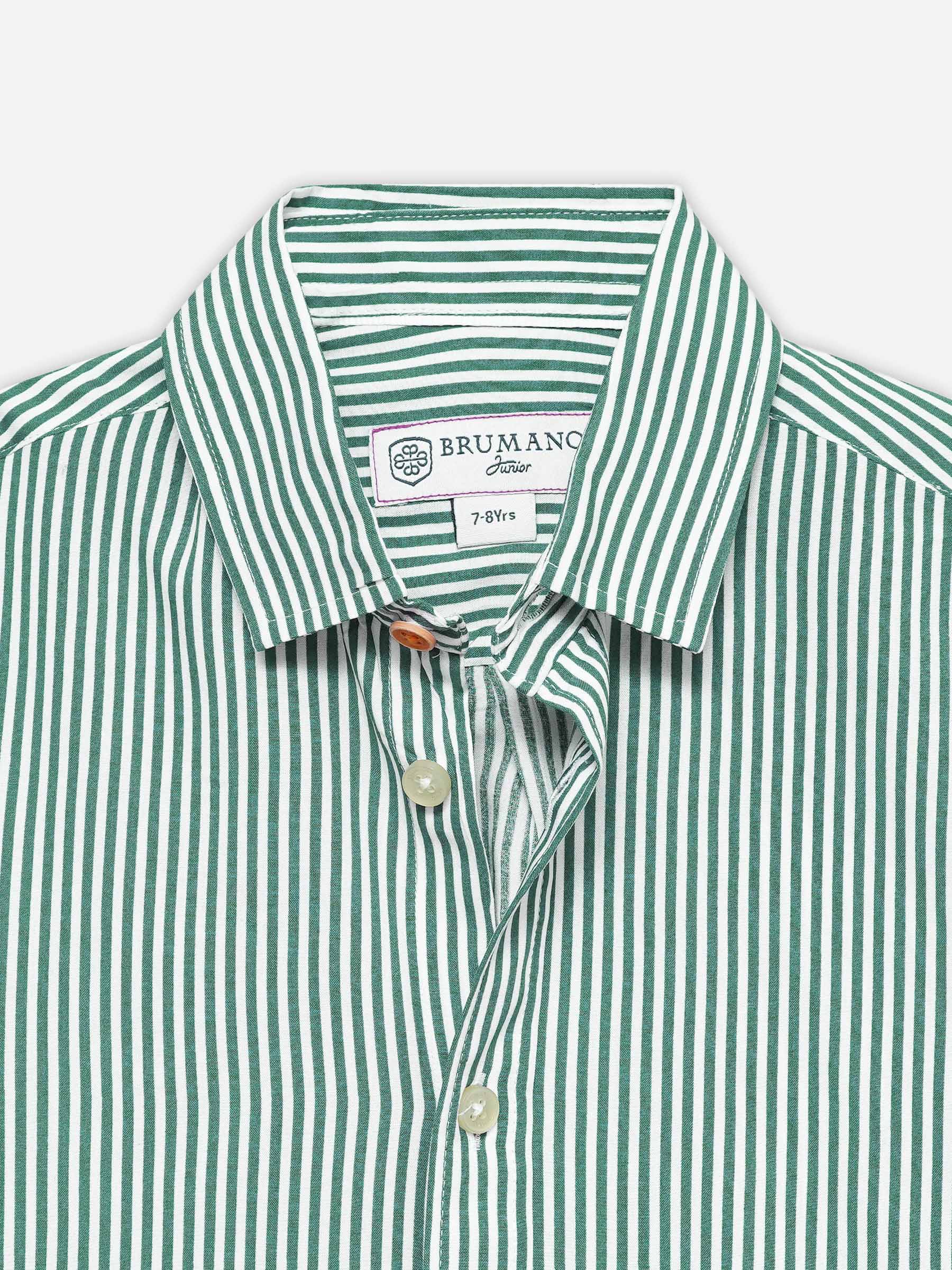 Green & White Striped Half Sleeve Casual Shirt - Junior