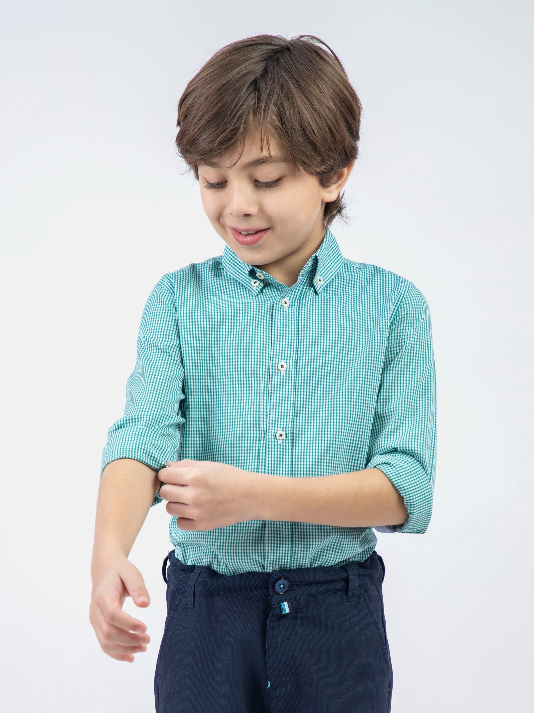 Green Micro Gingham Button Down Casual Shirt