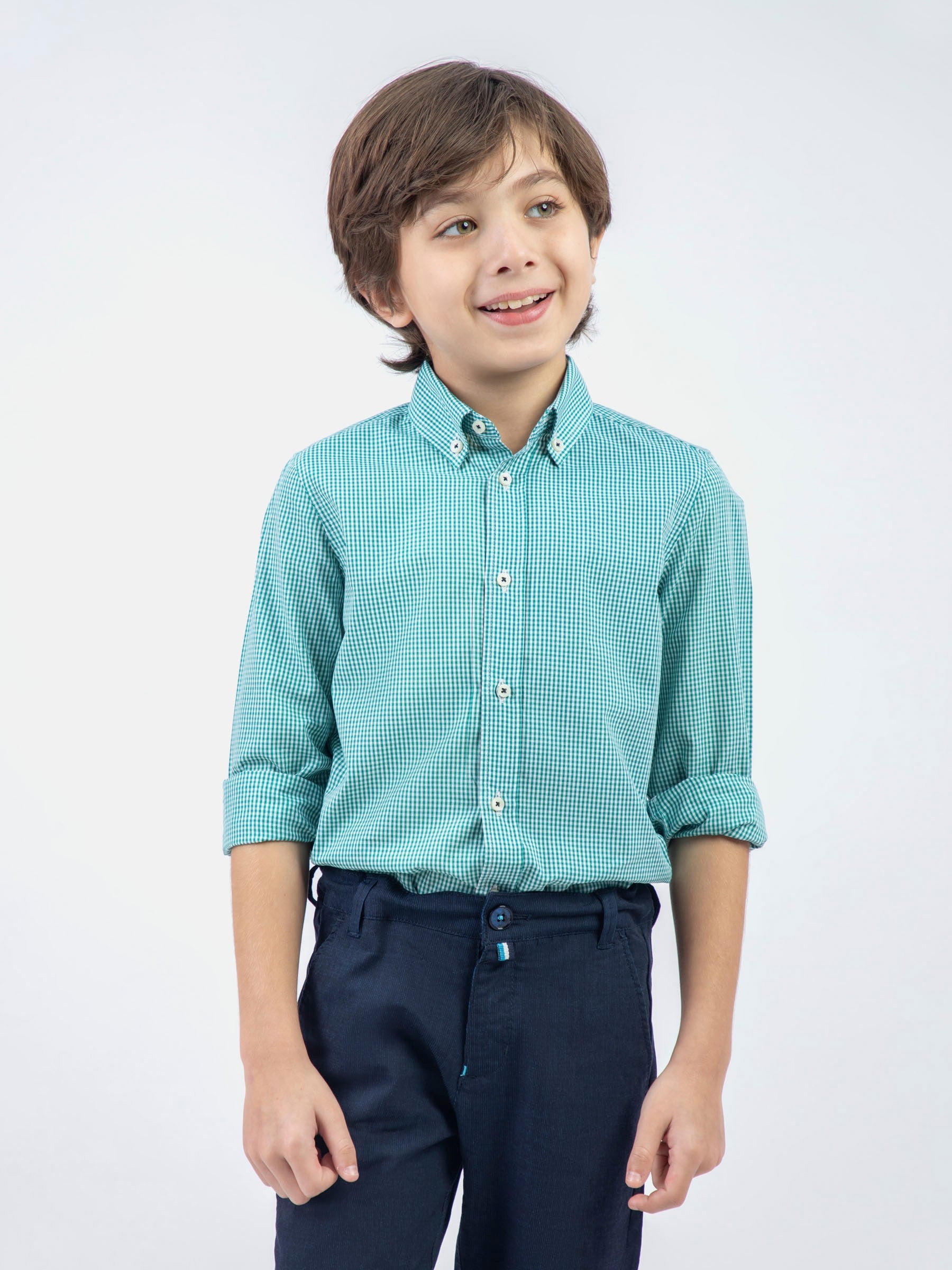 Green Micro Gingham Button Down Casual Shirt