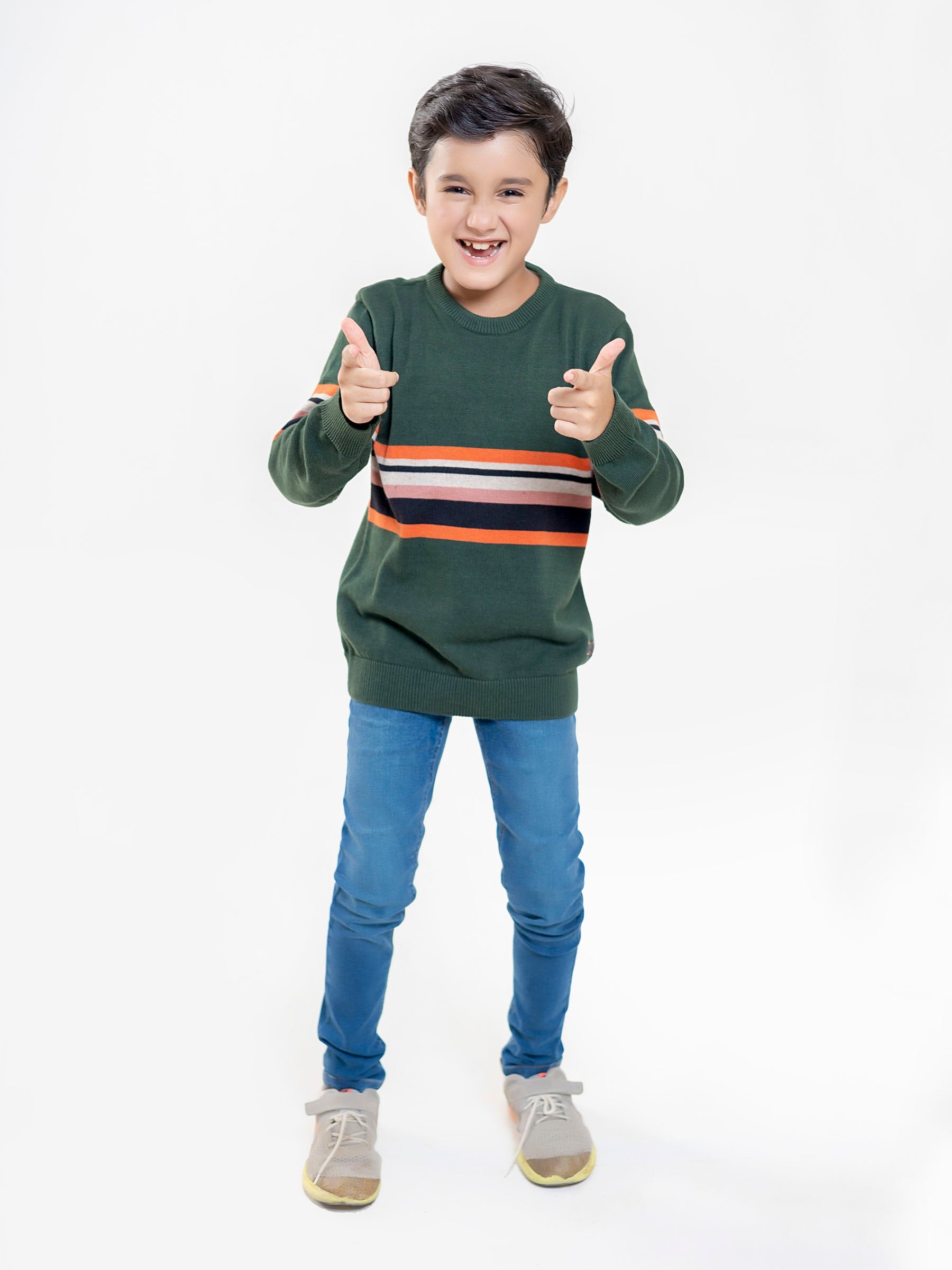 Green Multi Color Striped Casual Jumper