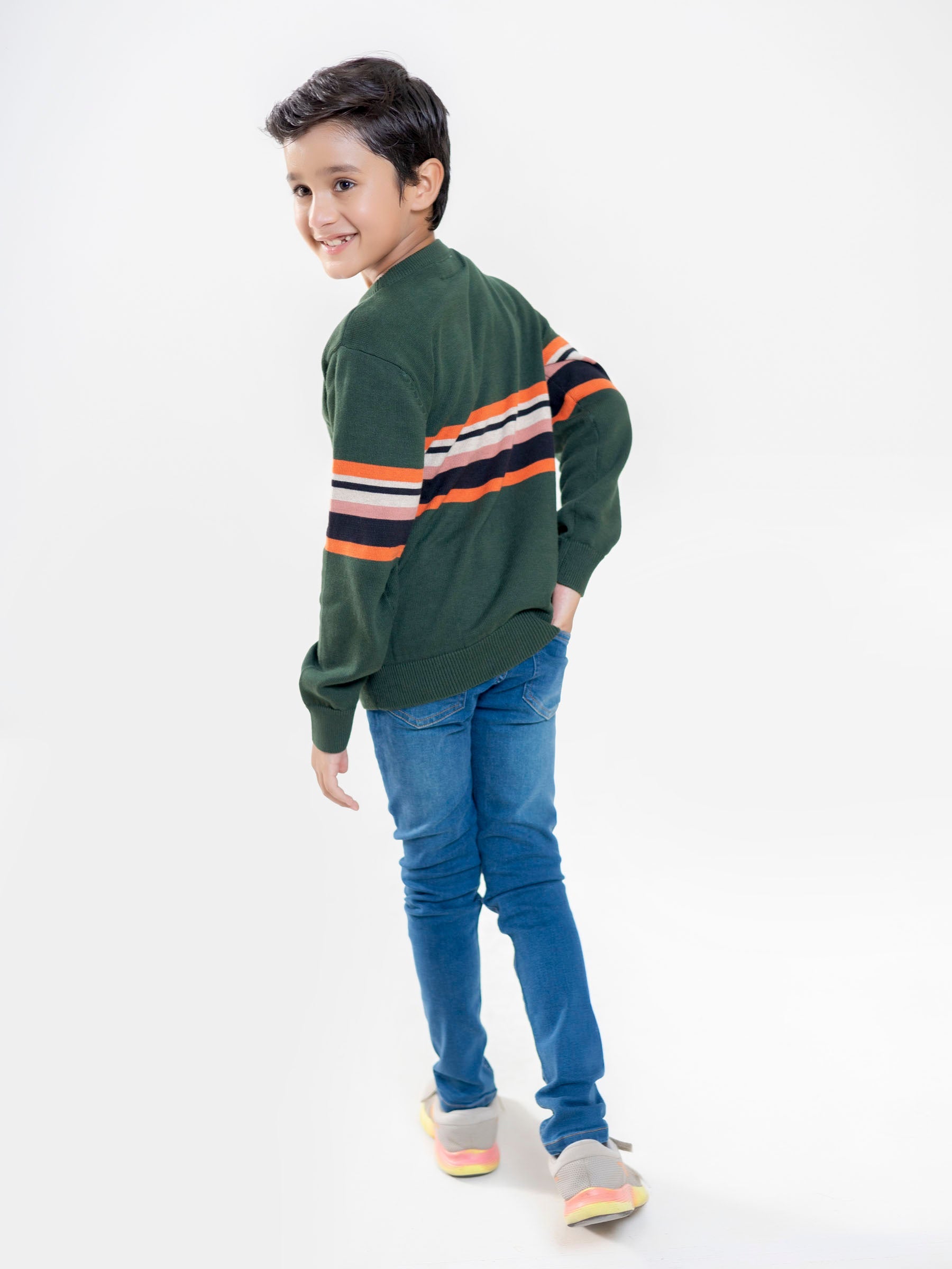 Green Multi Color Striped Casual Jumper
