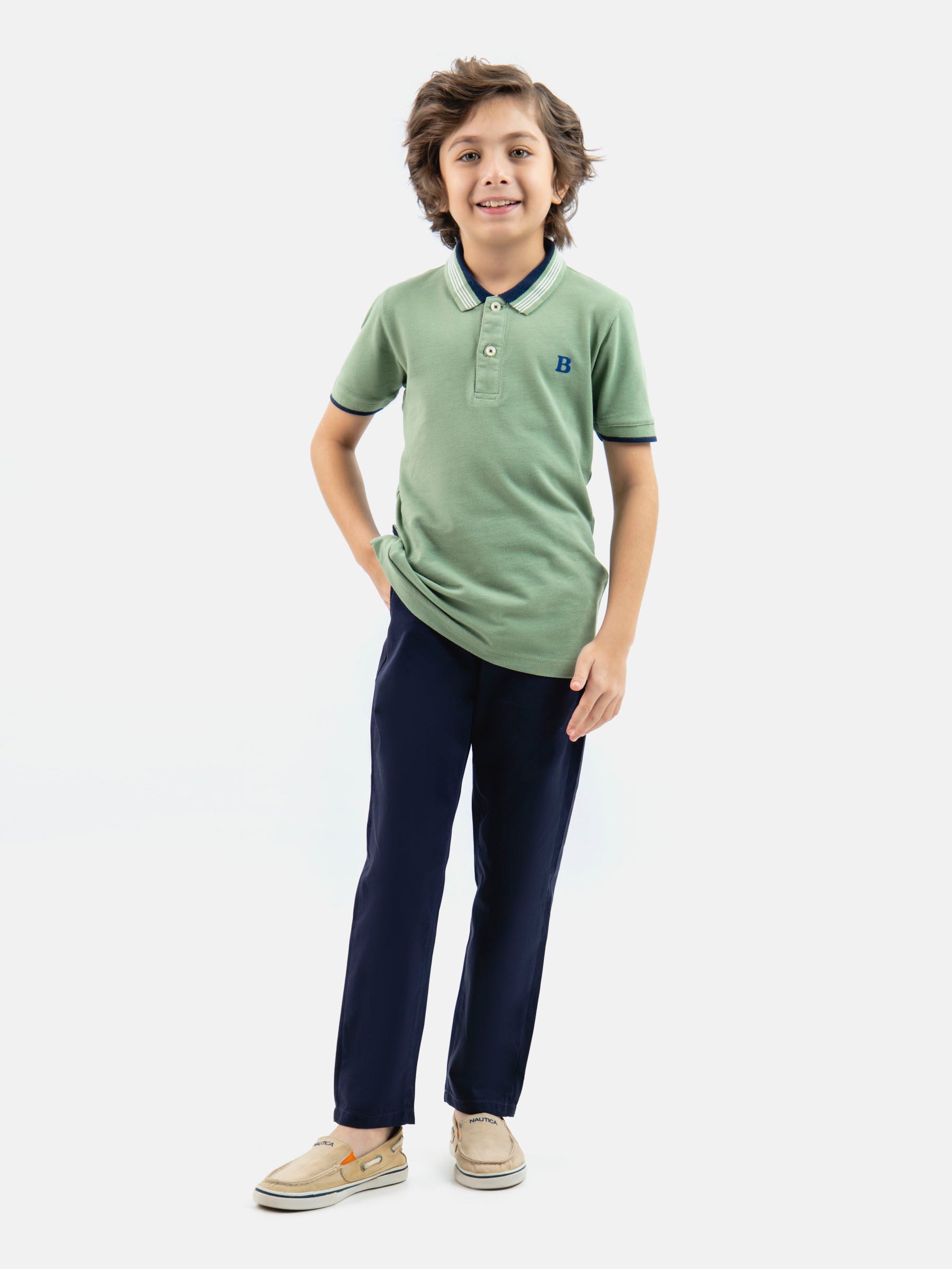 Green Pique Polo With Navy Collar