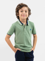 Green Pique Polo With Navy Collar