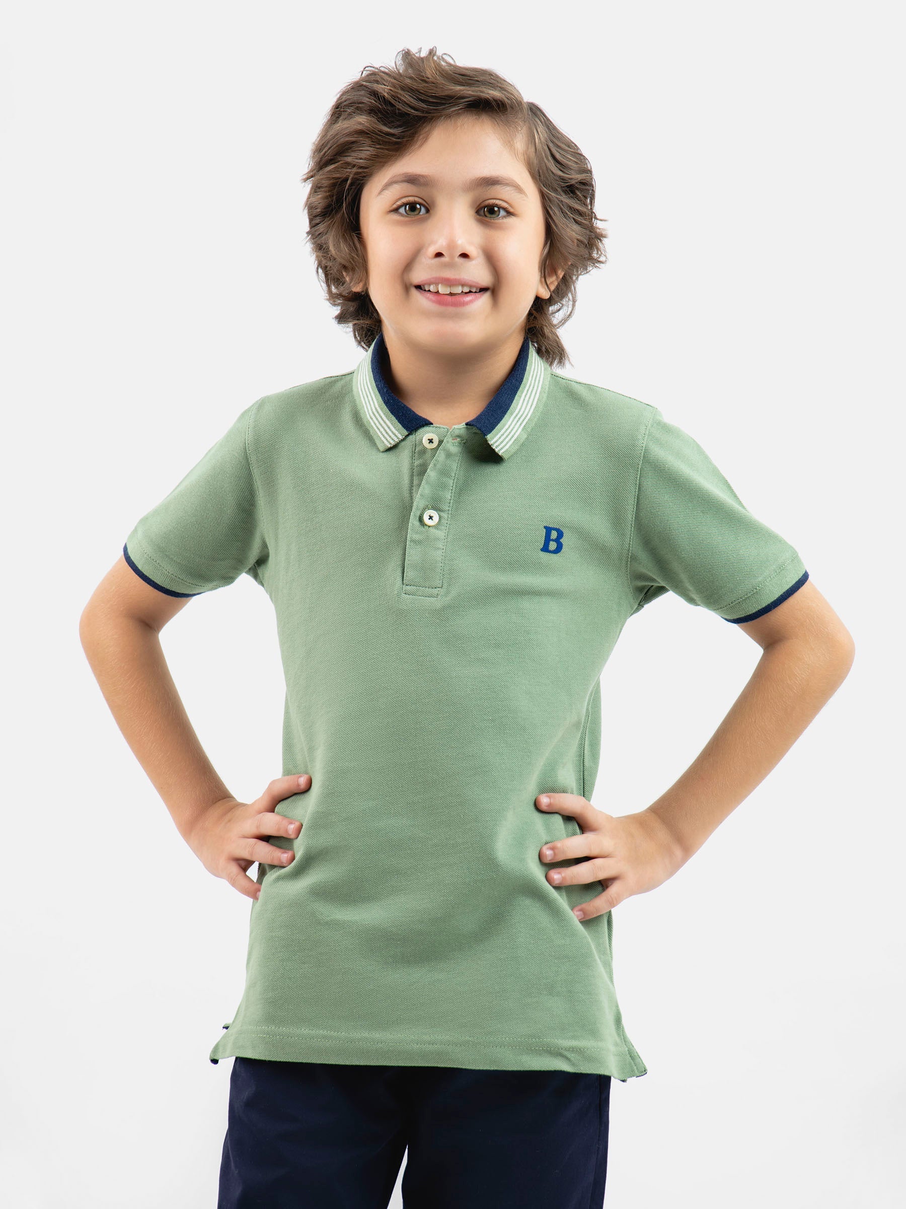 Green Pique Polo With Navy Collar