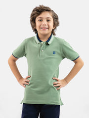 Green Pique Polo With Navy Collar