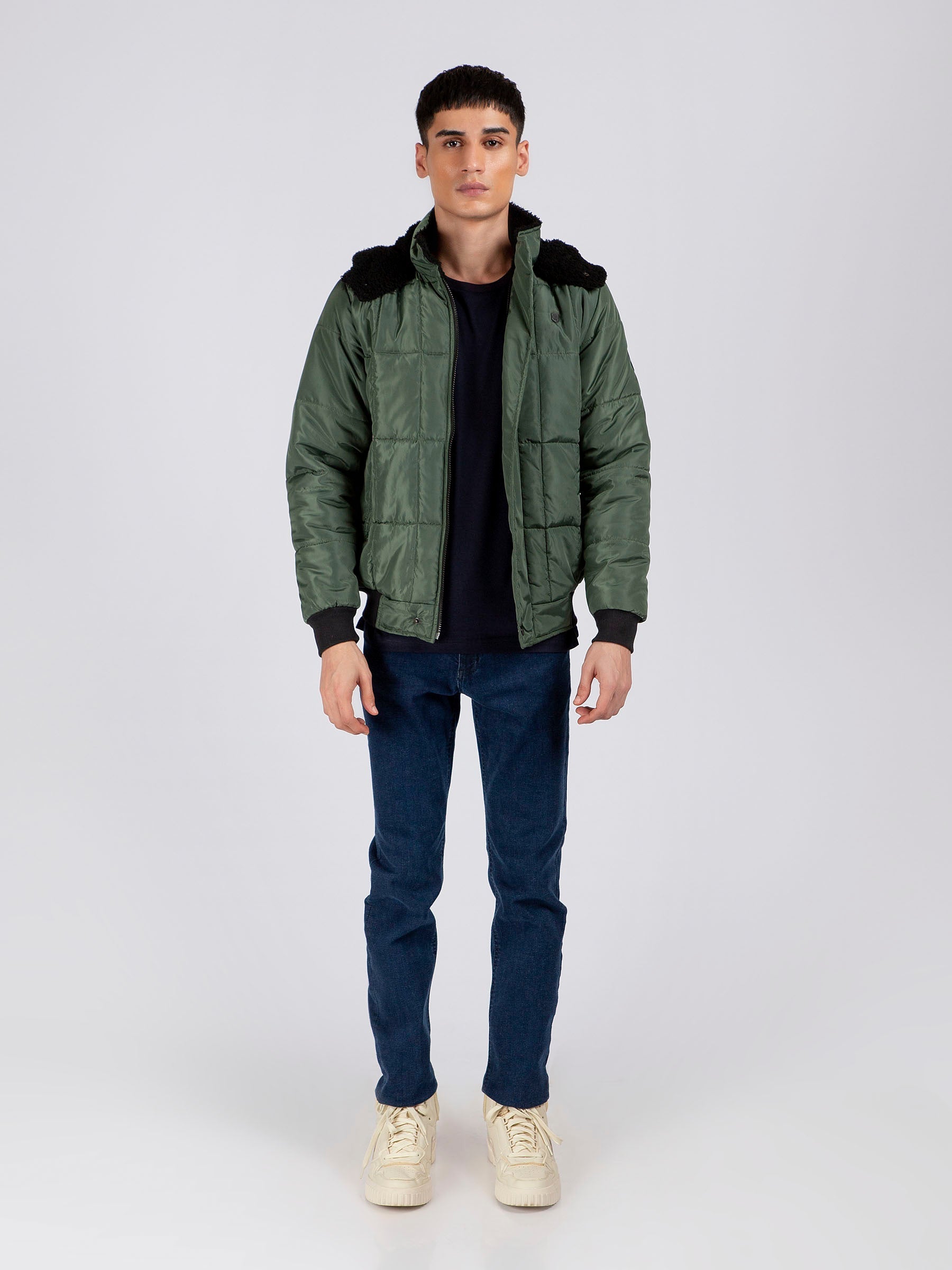 Green Quilted Puffer Jacket With Detachable Hoodie