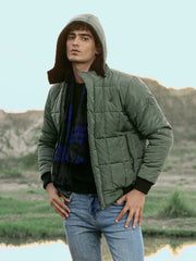 Green Quilted Puffer Jacket With Detachable Hoodie