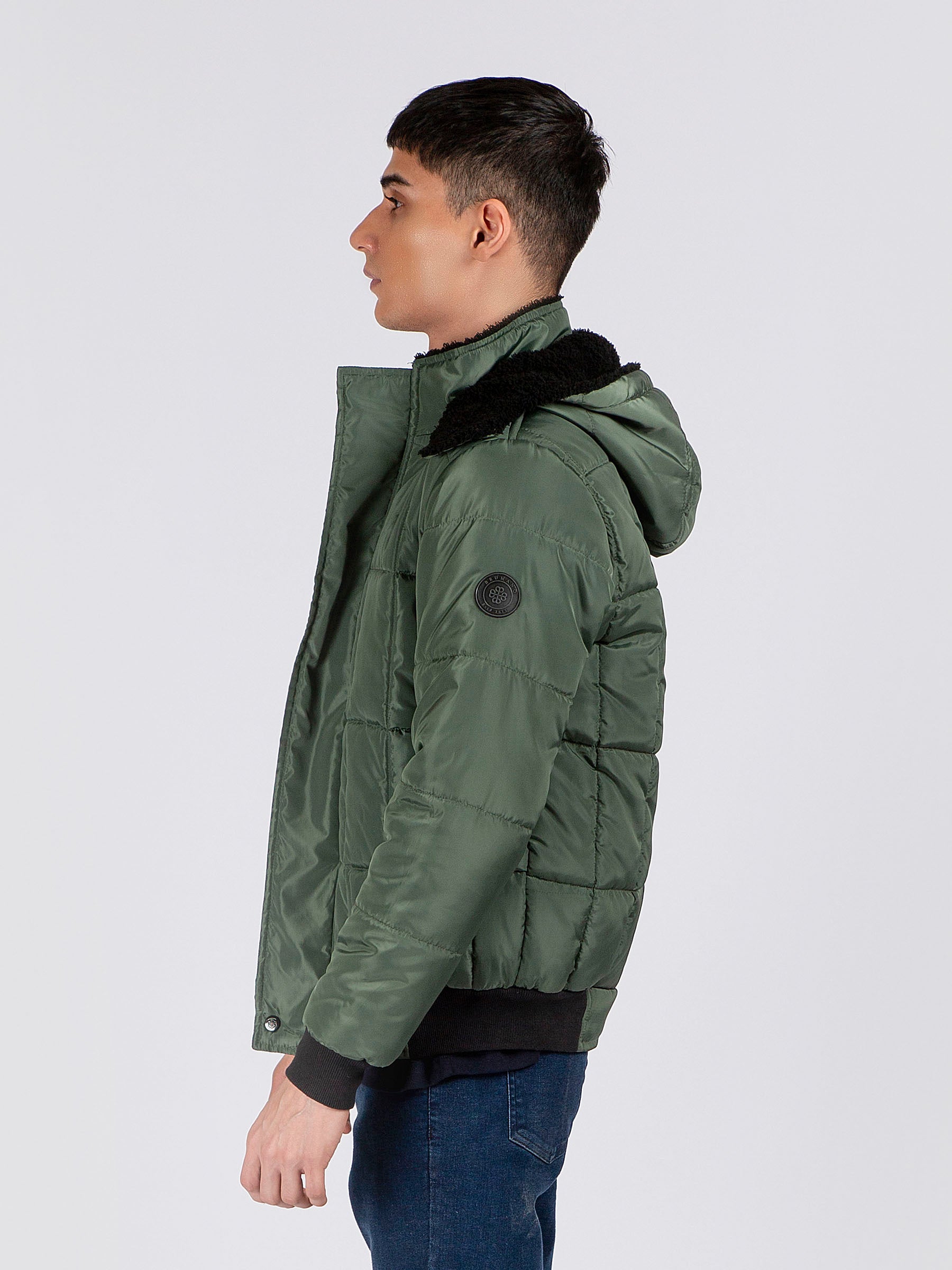 Green Quilted Puffer Jacket With Detachable Hoodie