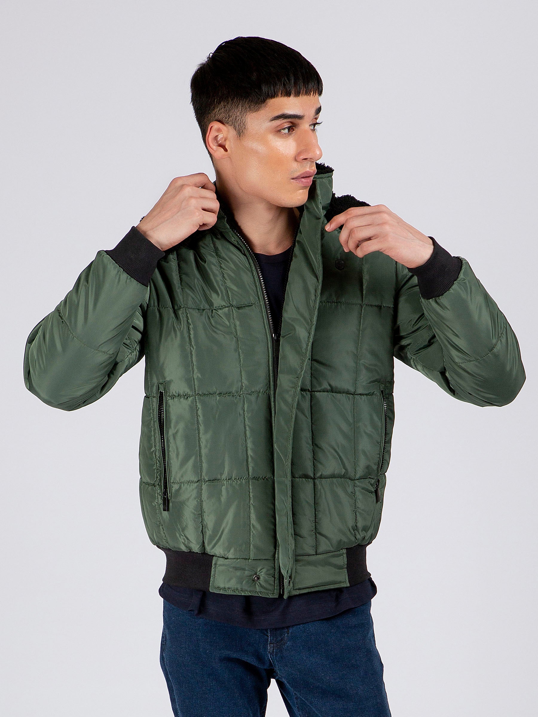 Green Quilted Puffer Jacket With Detachable Hoodie