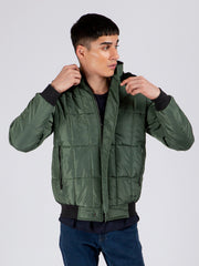 Green Quilted Puffer Jacket With Detachable Hoodie