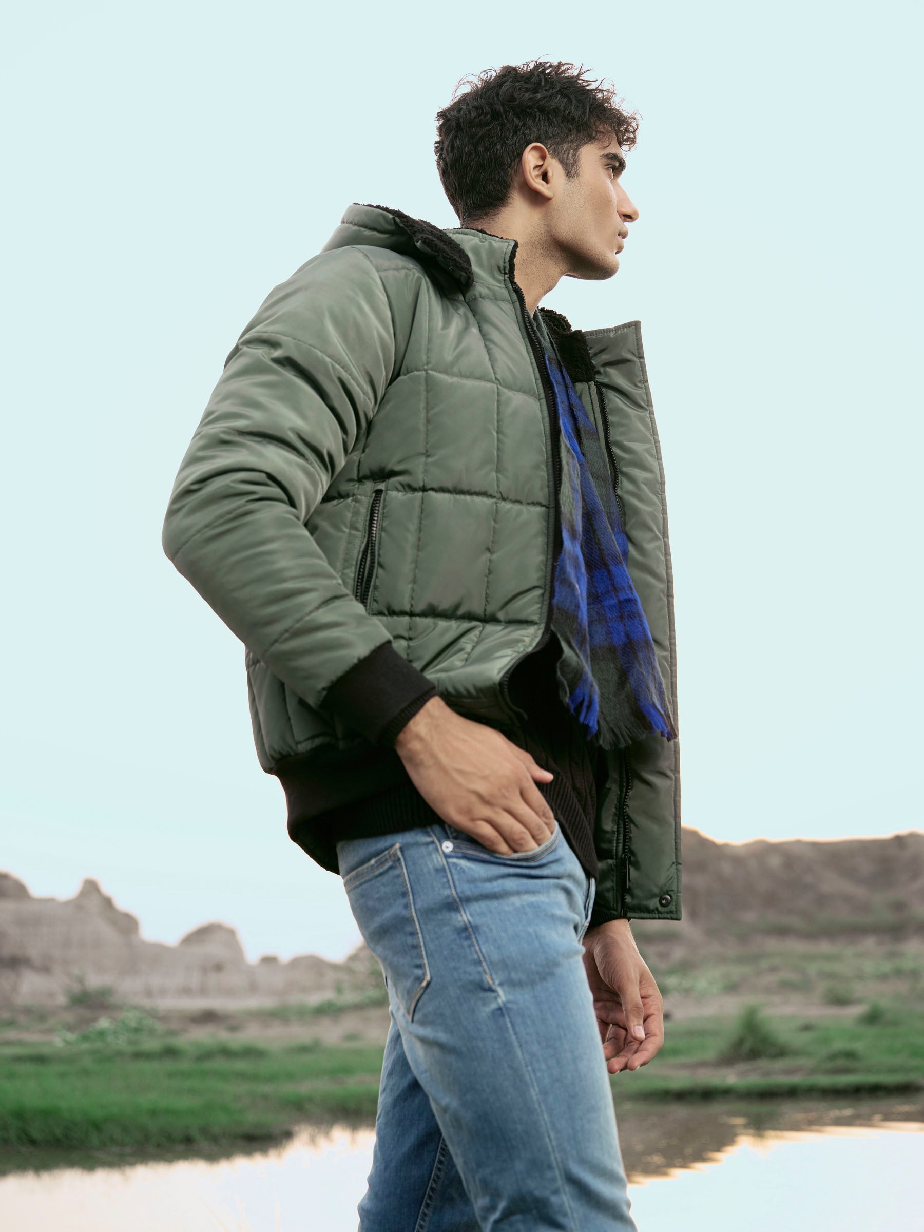 Green Quilted Puffer Jacket With Detachable Hoodie