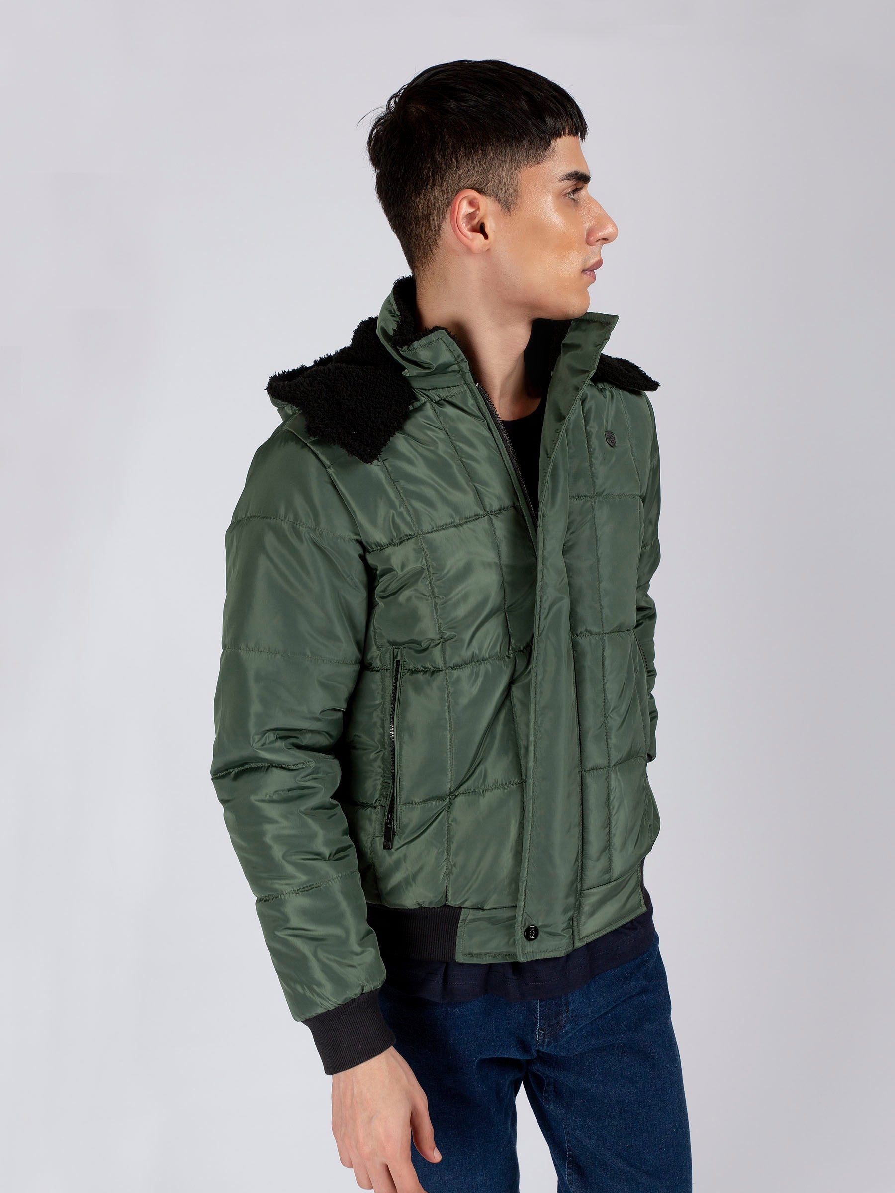 Green Quilted Puffer Jacket With Detachable Hoodie