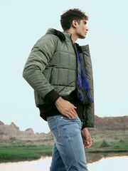 Green Quilted Puffer Jacket With Detachable Hoodie