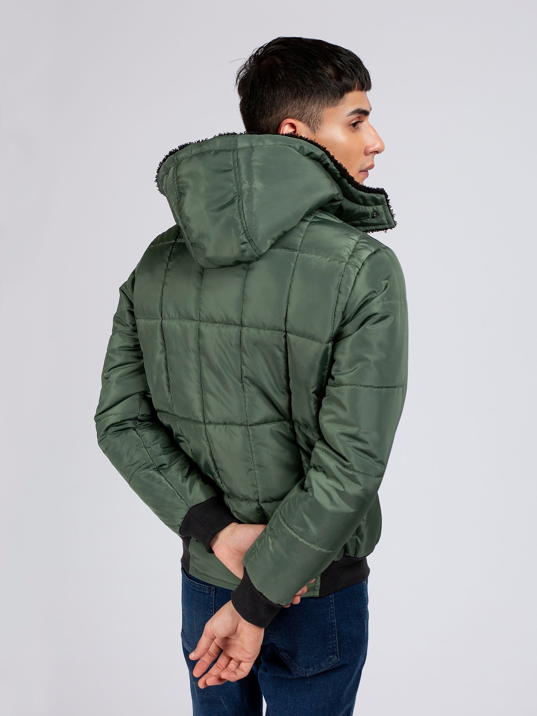 Green Quilted Puffer Jacket With Detachable Hoodie