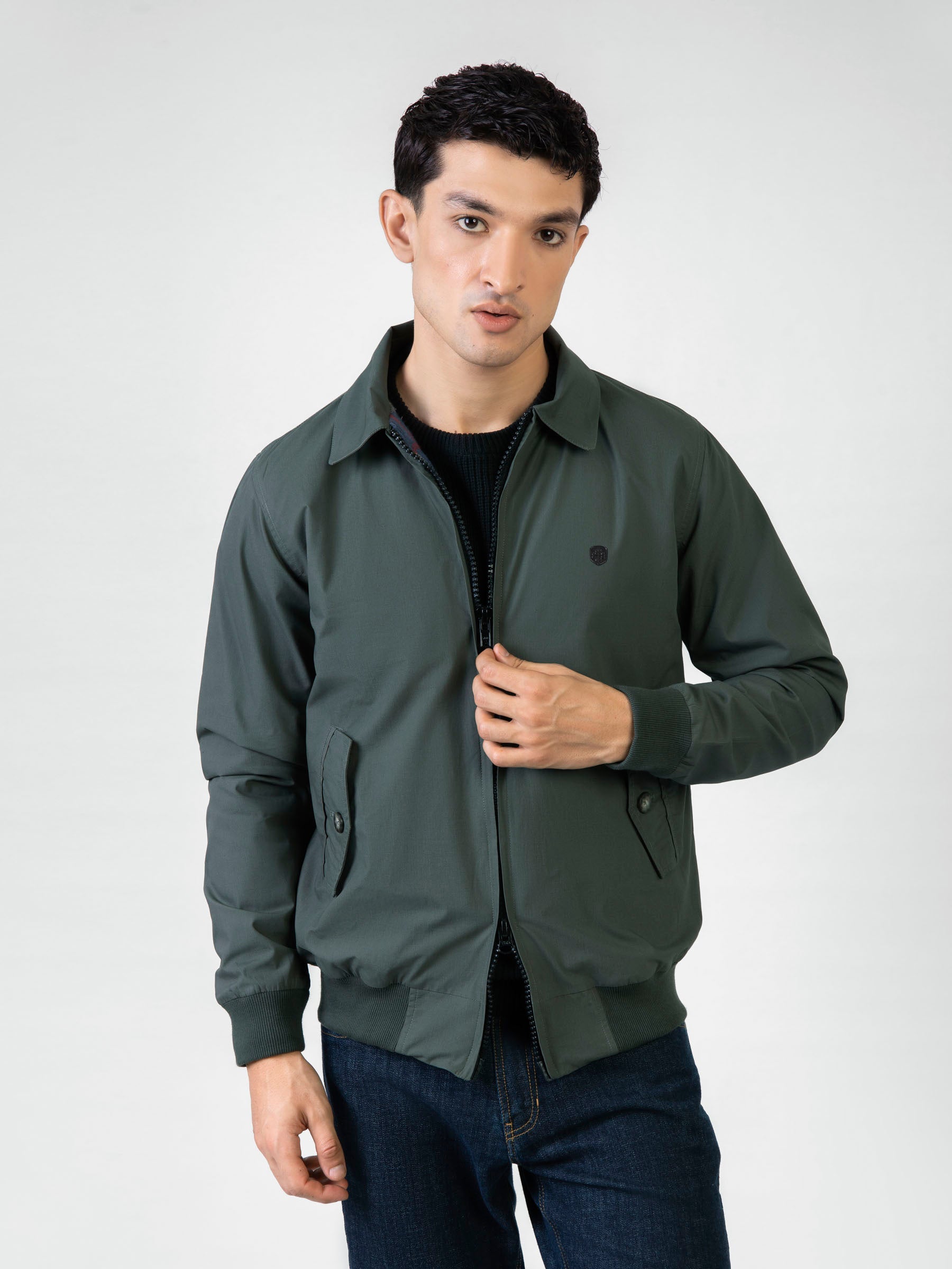 Green Twill Harrington Jacket With Collar