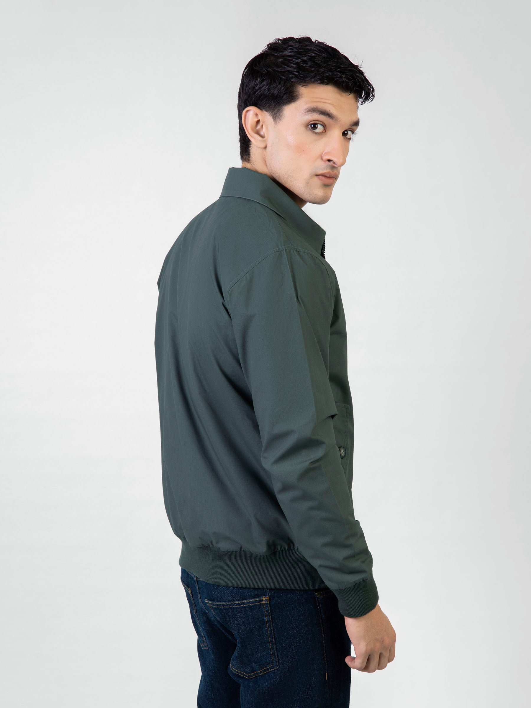 Green Twill Harrington Jacket With Collar