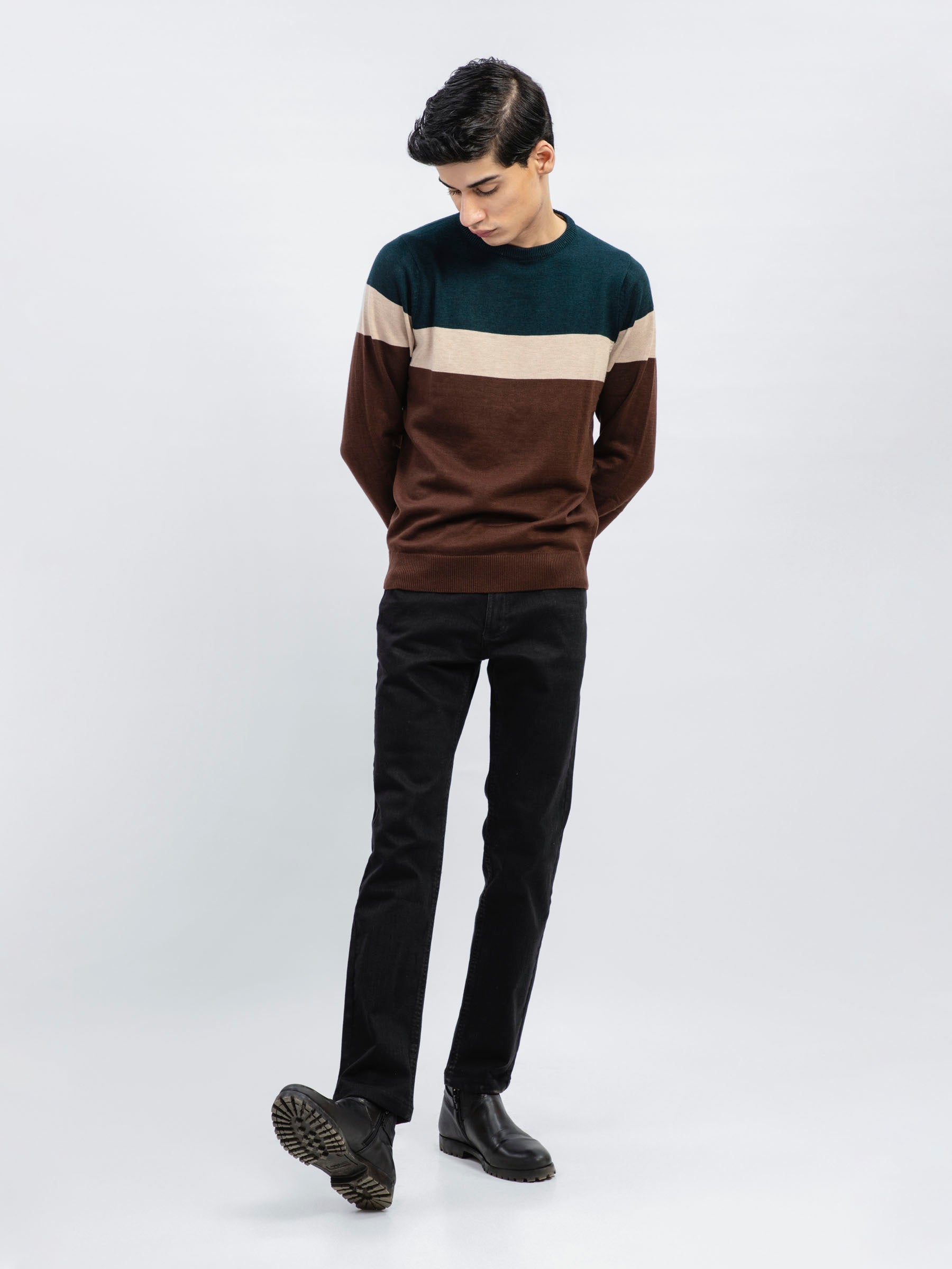 Green & Brown Striped Wool Blended Jumper