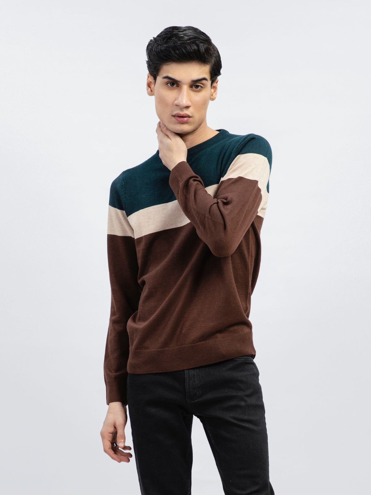 Green & Brown Striped Wool Blended Jumper
