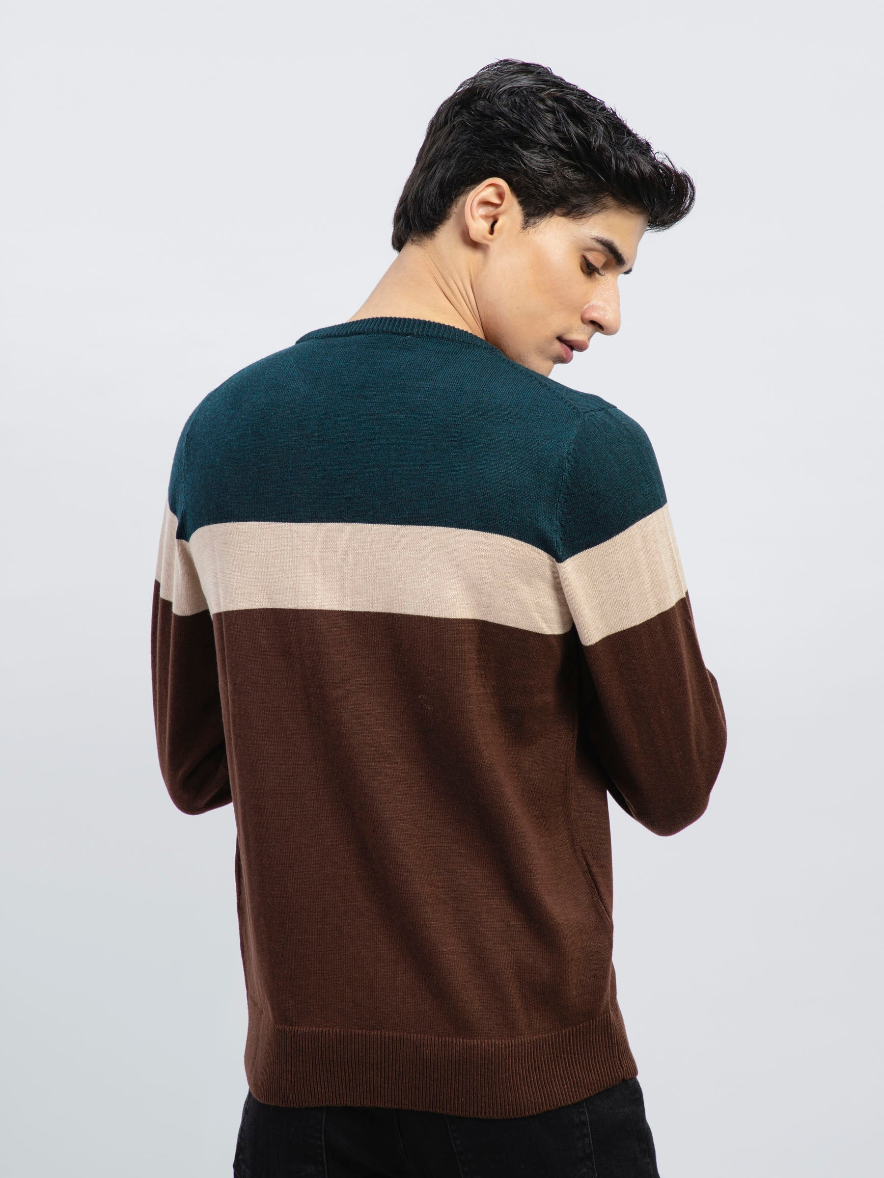Green & Brown Striped Wool Blended Jumper