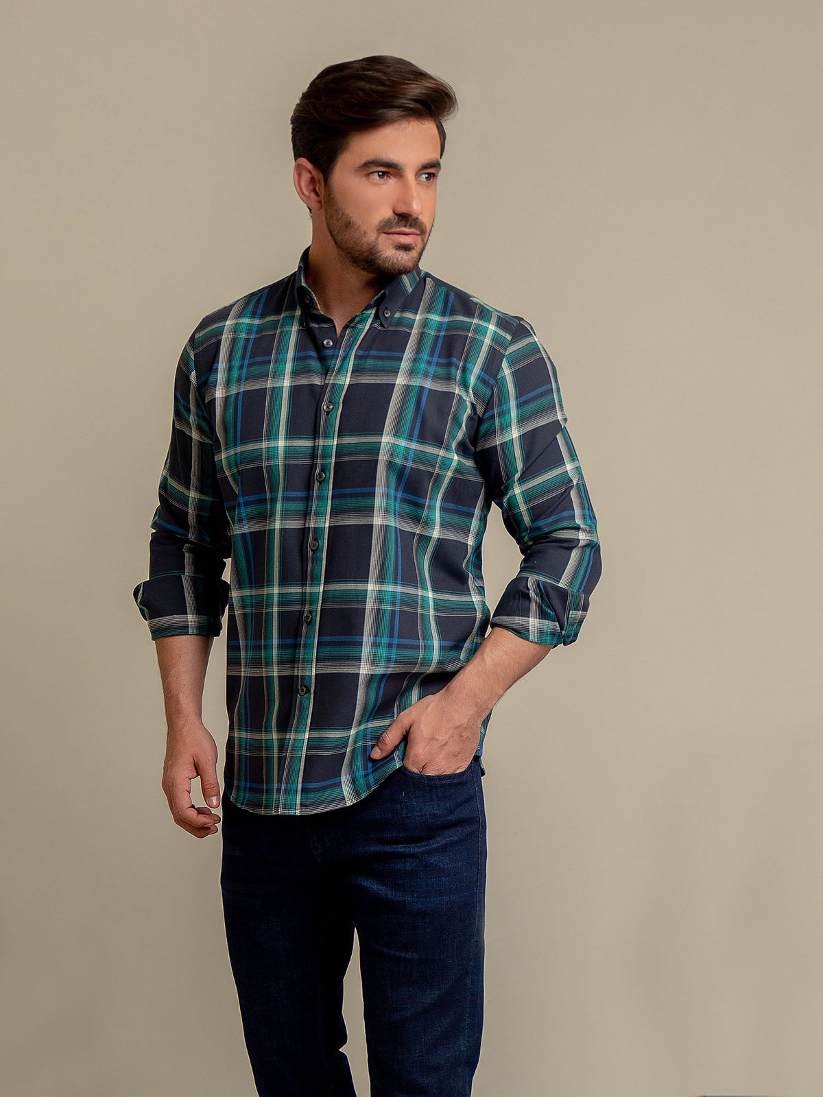 Green & Navy Blue Checkered Shirt